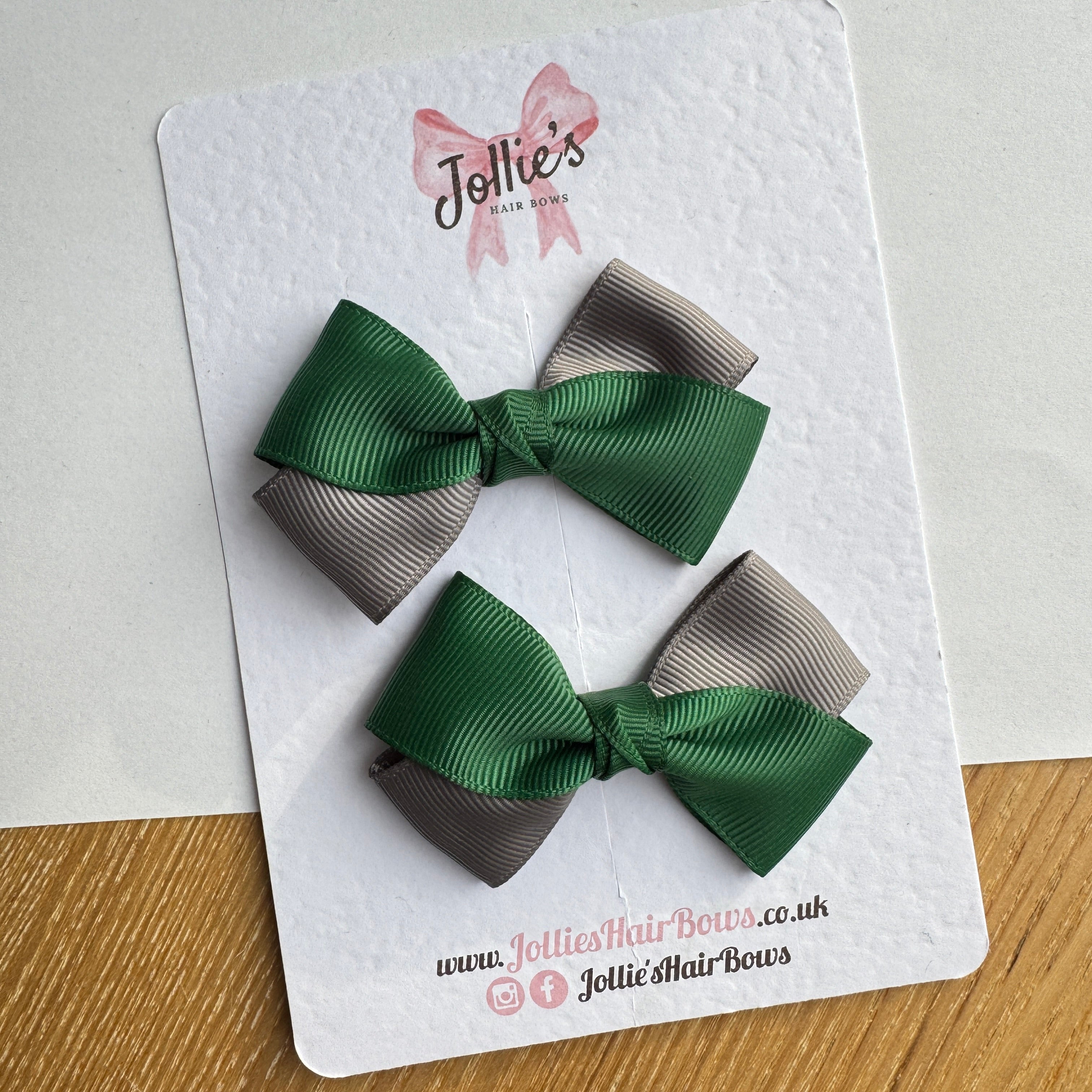 3" Forest Green & Metal Grey Twisty Hair Bow Pair – Grosgrain Ribbon Clips with Teeth