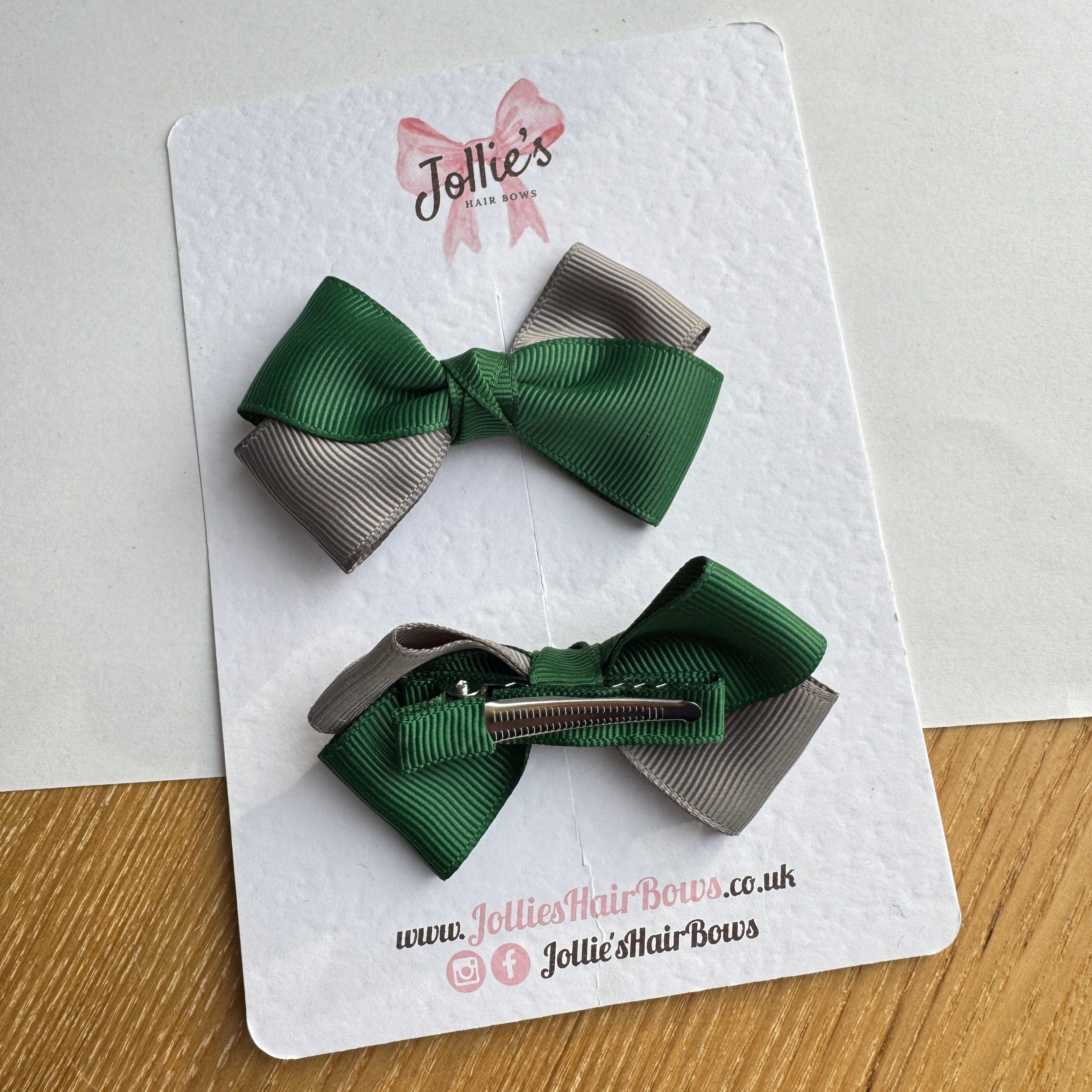 3" Forest Green & Metal Grey Twisty Hair Bow Pair – Grosgrain Ribbon Clips with Teeth