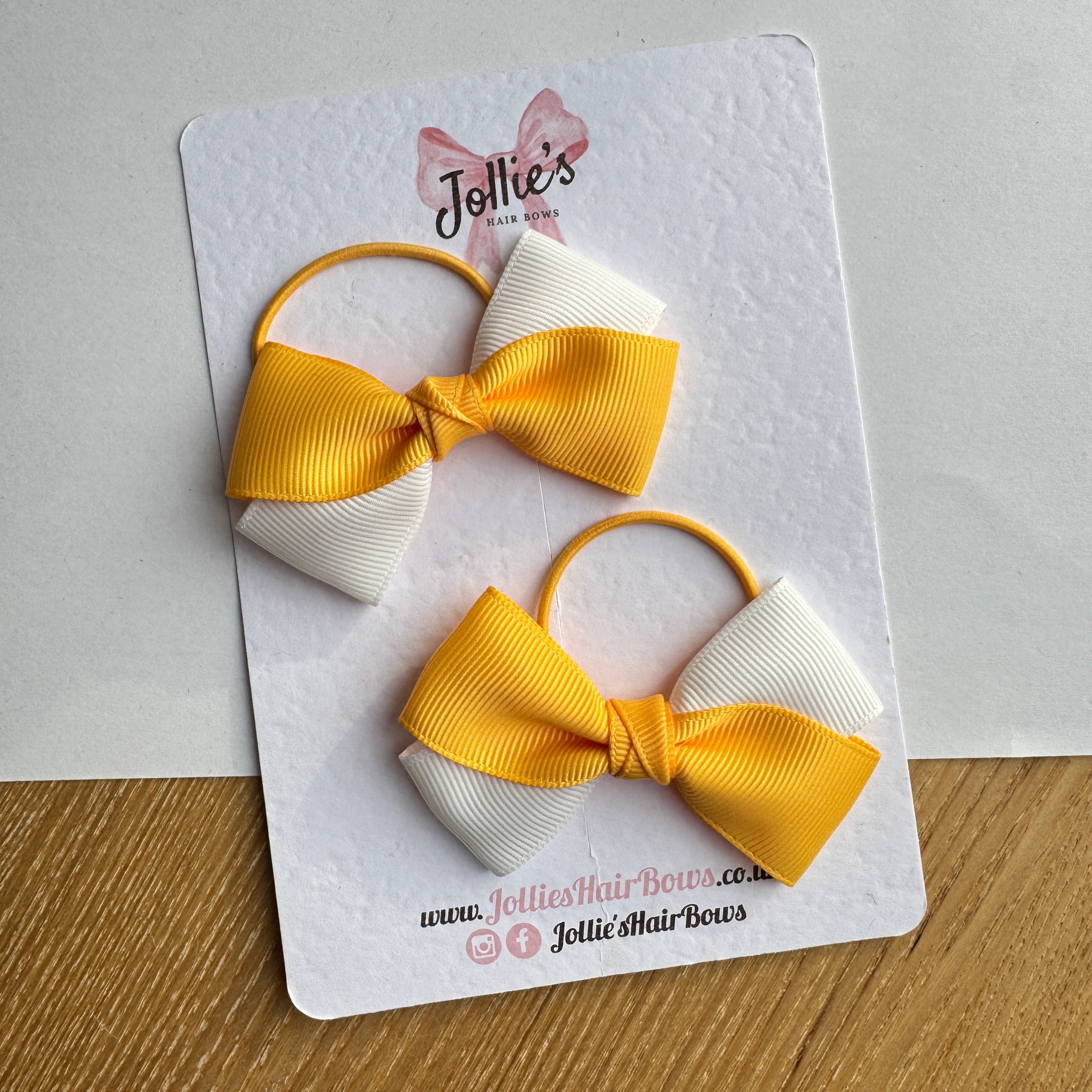 3" Yellow Gold & White Twisty Hair Bow Pair – Grosgrain Ribbon on Thin Elastic