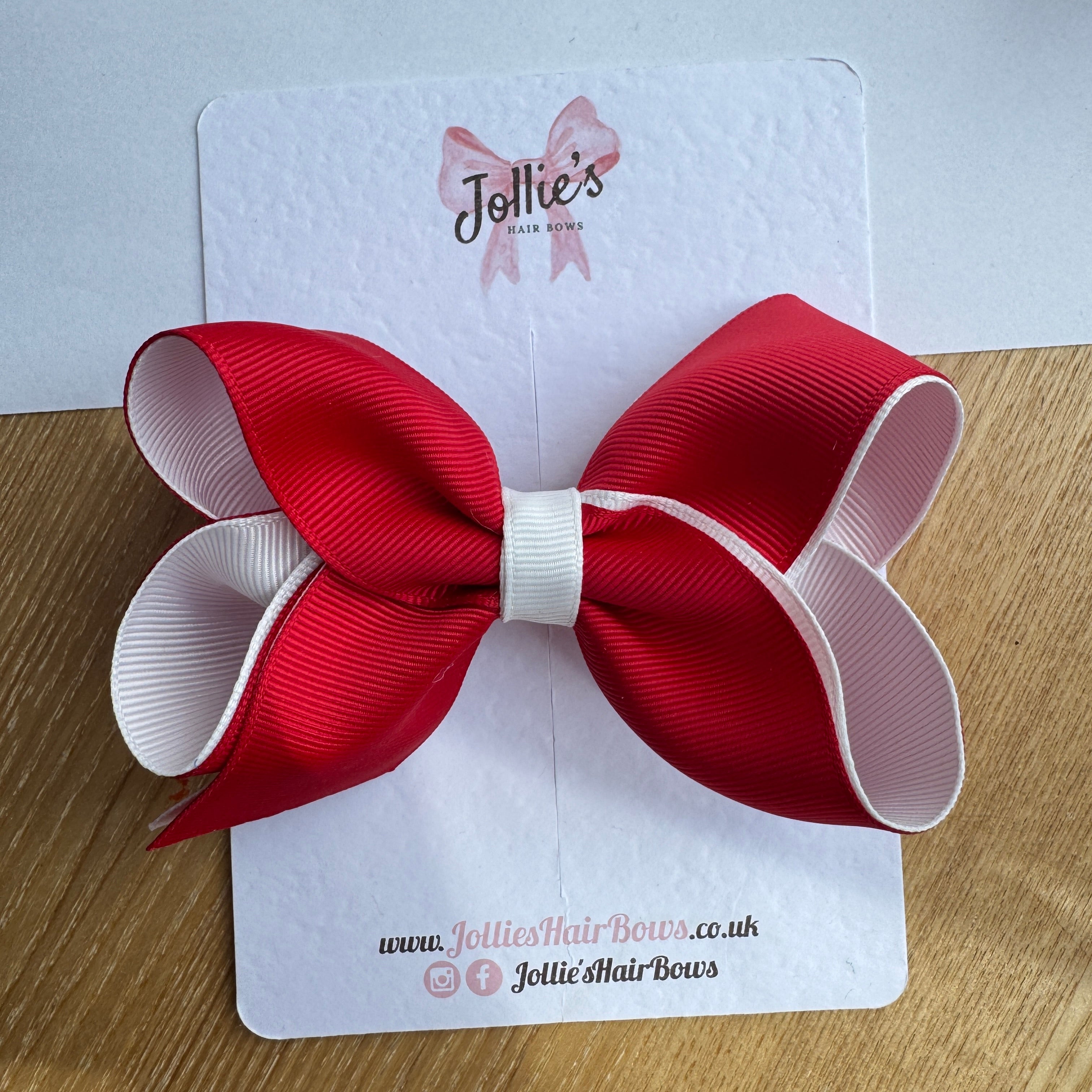 4.5" Red & White Boutique Hair Bow – Grosgrain Ribbon Clip for School & Everyday Wear