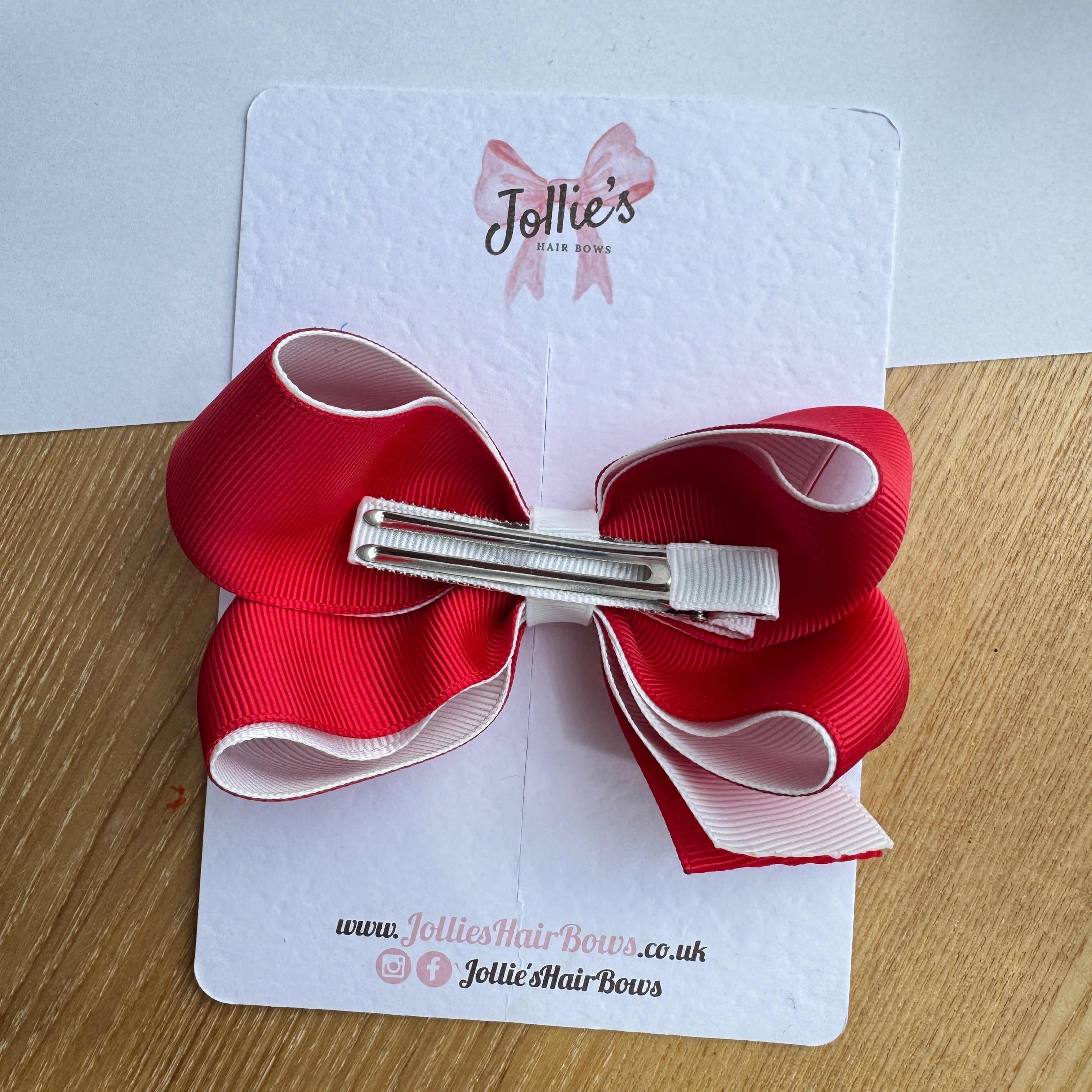 4.5" Red & White Boutique Hair Bow – Grosgrain Ribbon Clip for School & Everyday Wear