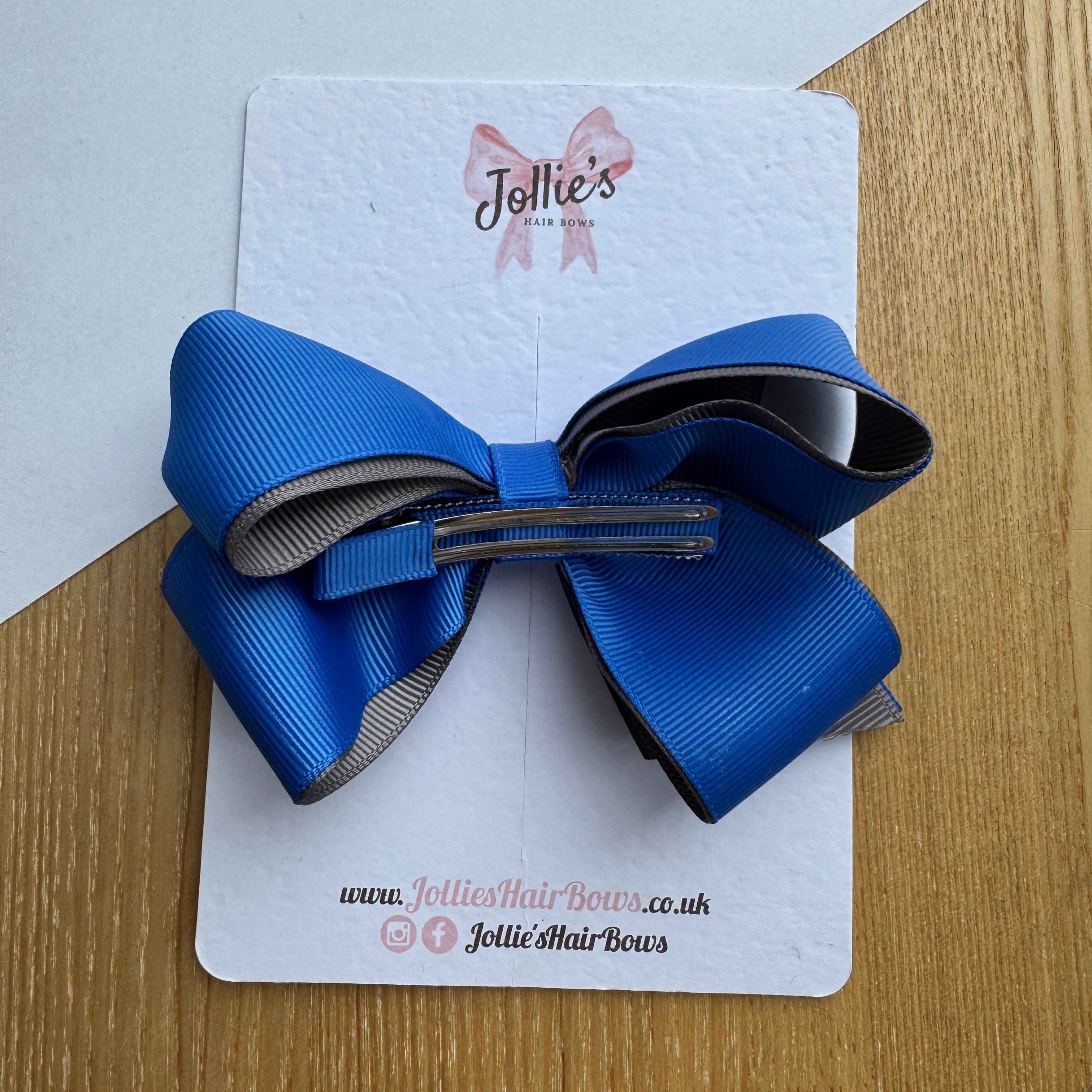 4.5" Royal Blue & Metal Grey Boutique Hair Bow – Grosgrain Ribbon Clip for School & Everyday Wear