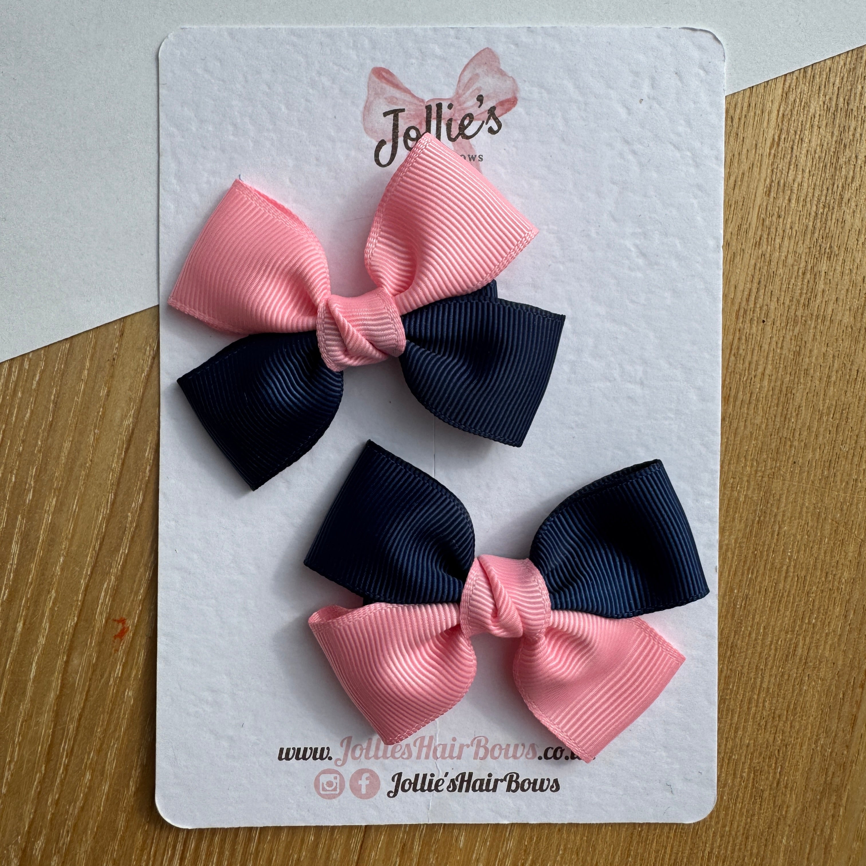 2.5" Navy & Pink Classic Hair Bow Pair – Grosgrain Ribbon Clips with Teeth