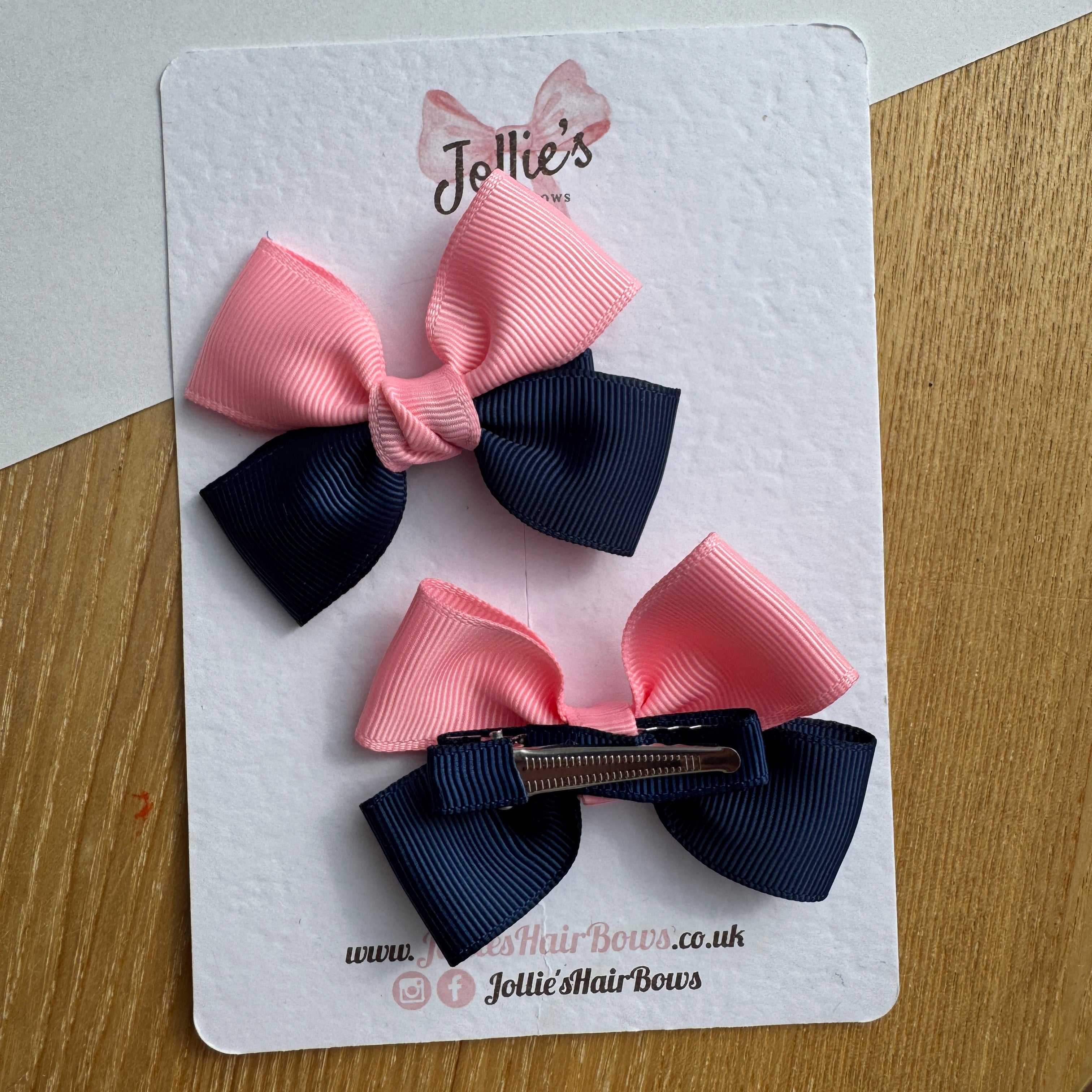 2.5" Navy & Pink Classic Hair Bow Pair – Grosgrain Ribbon Clips with Teeth