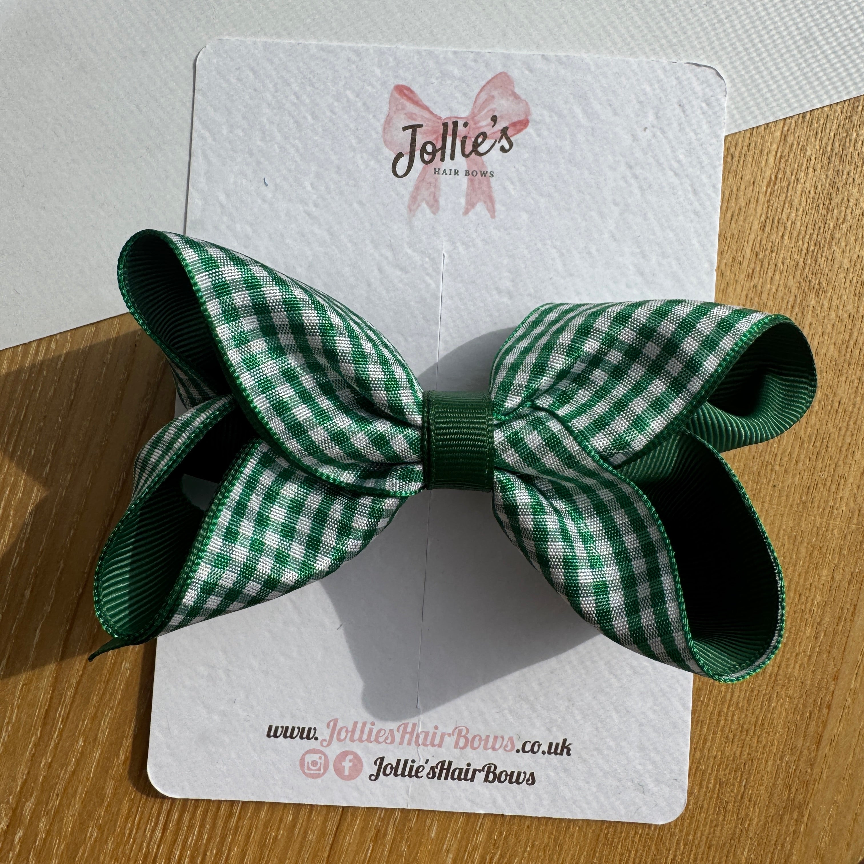 4.5" Green & Green Gingham Boutique Hair Bow – Grosgrain Ribbon Clip for School & Everyday Wear
