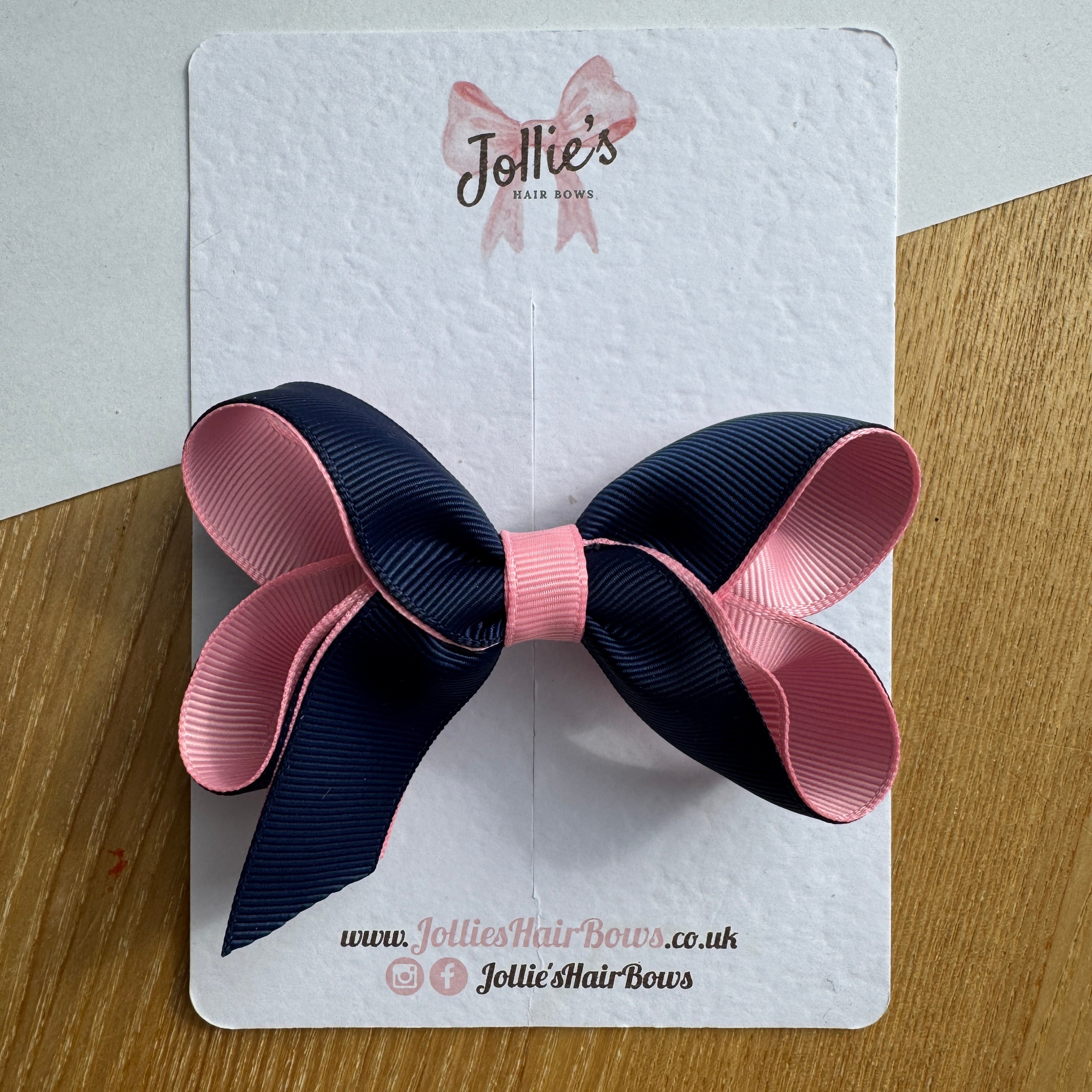 3.5" Navy & Pink Boutique Hair Bow – Grosgrain Ribbon Clip with 1.7" Double Sponge Clip