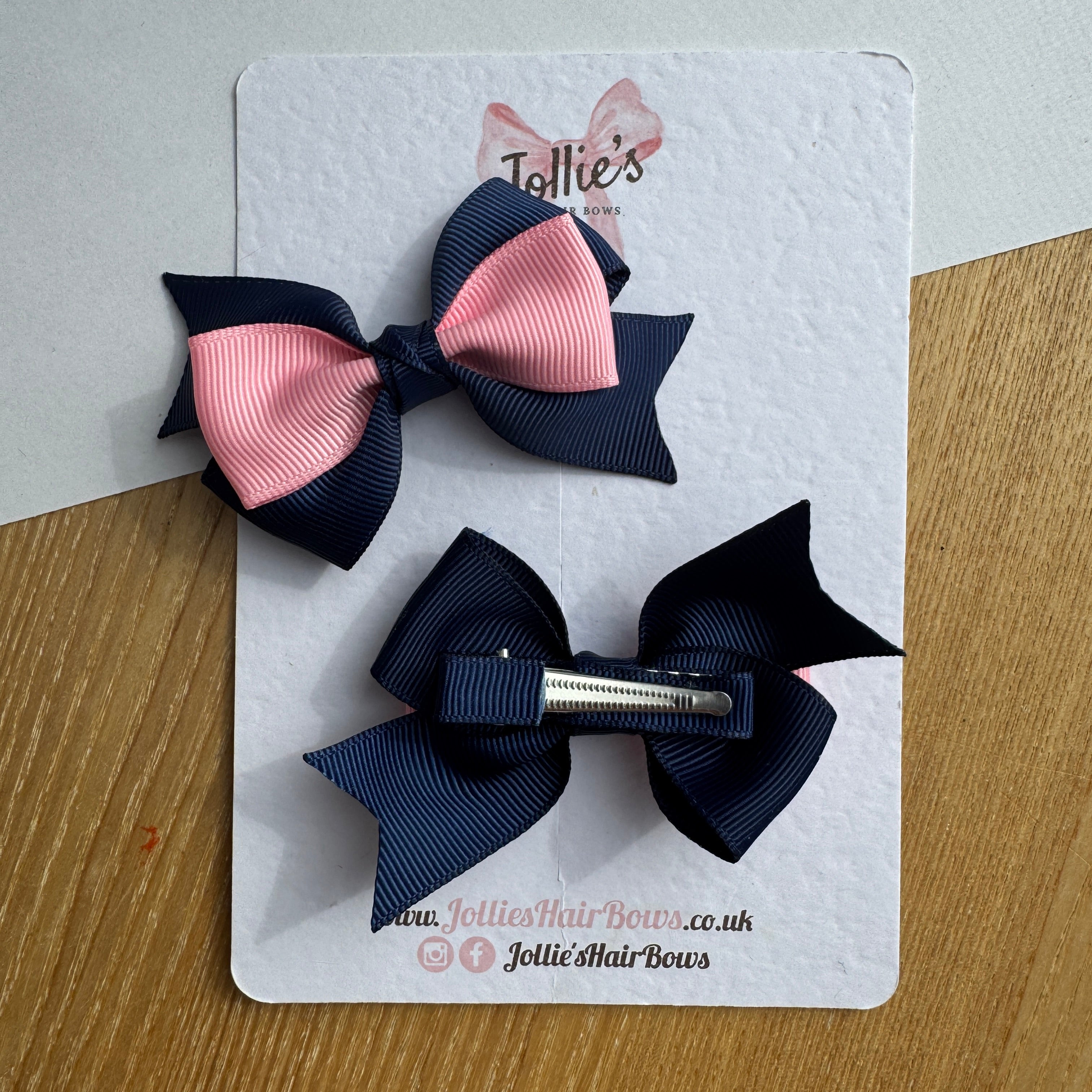 3" Navy & Pink Tail-End Hair Bow Pair – Grosgrain Ribbon Clips with Teeth