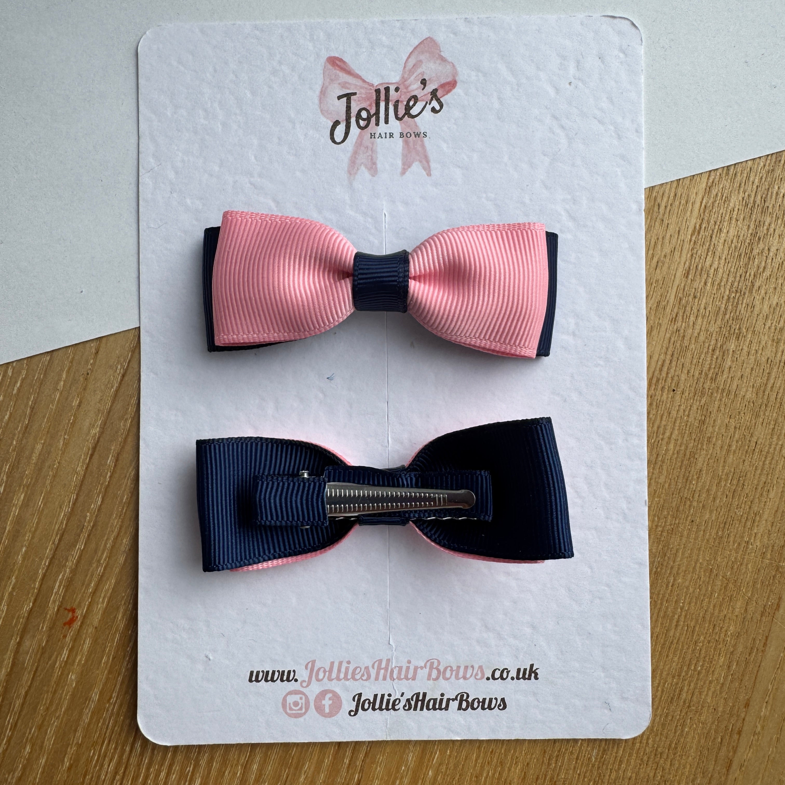 2.5" Navy & Pink Mini School Hair Bow Pair – Grosgrain Ribbon Clips with Teeth