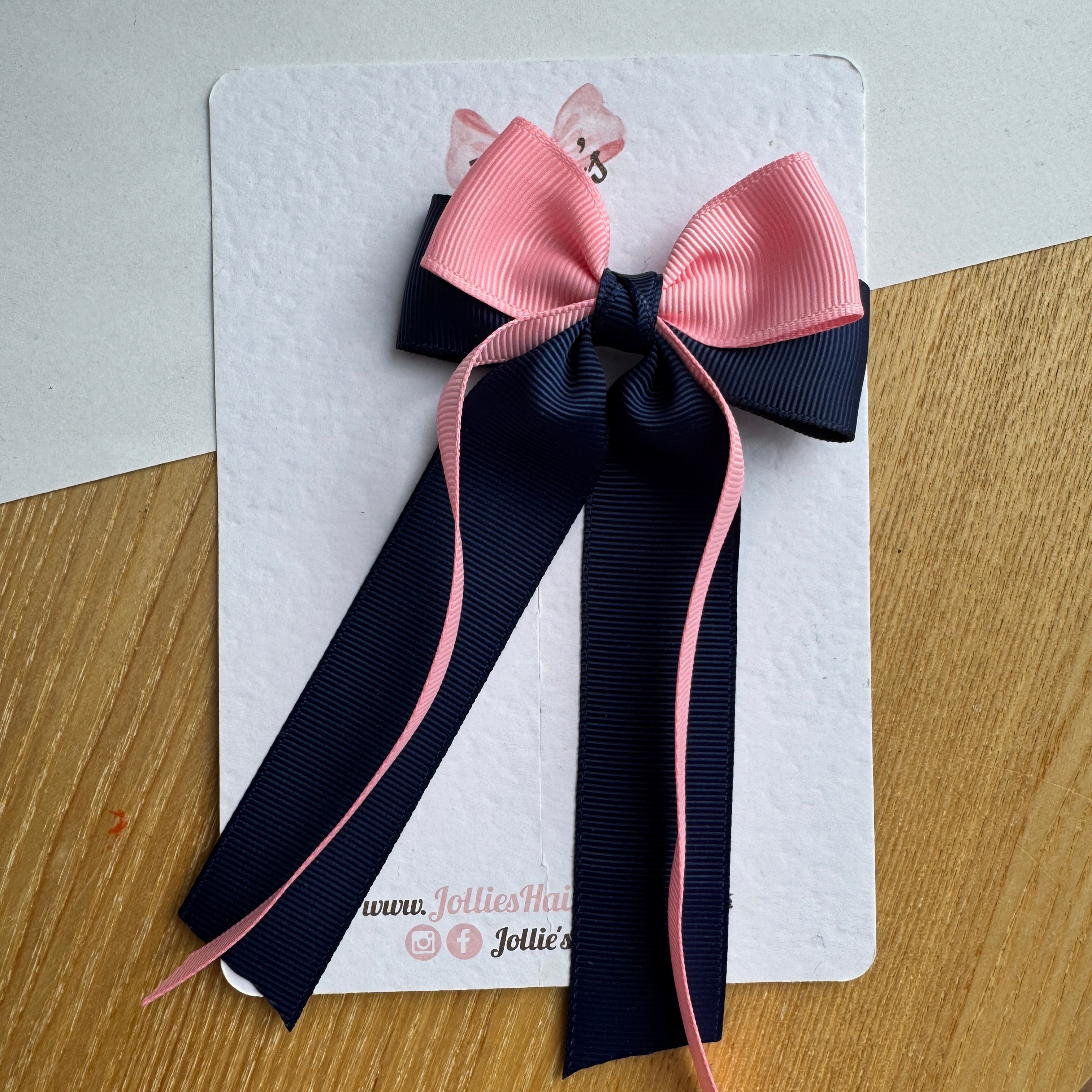 3" Navy & Pink Ribbon Tail Hair Bow – Grosgrain Ribbon Clip with Teeth