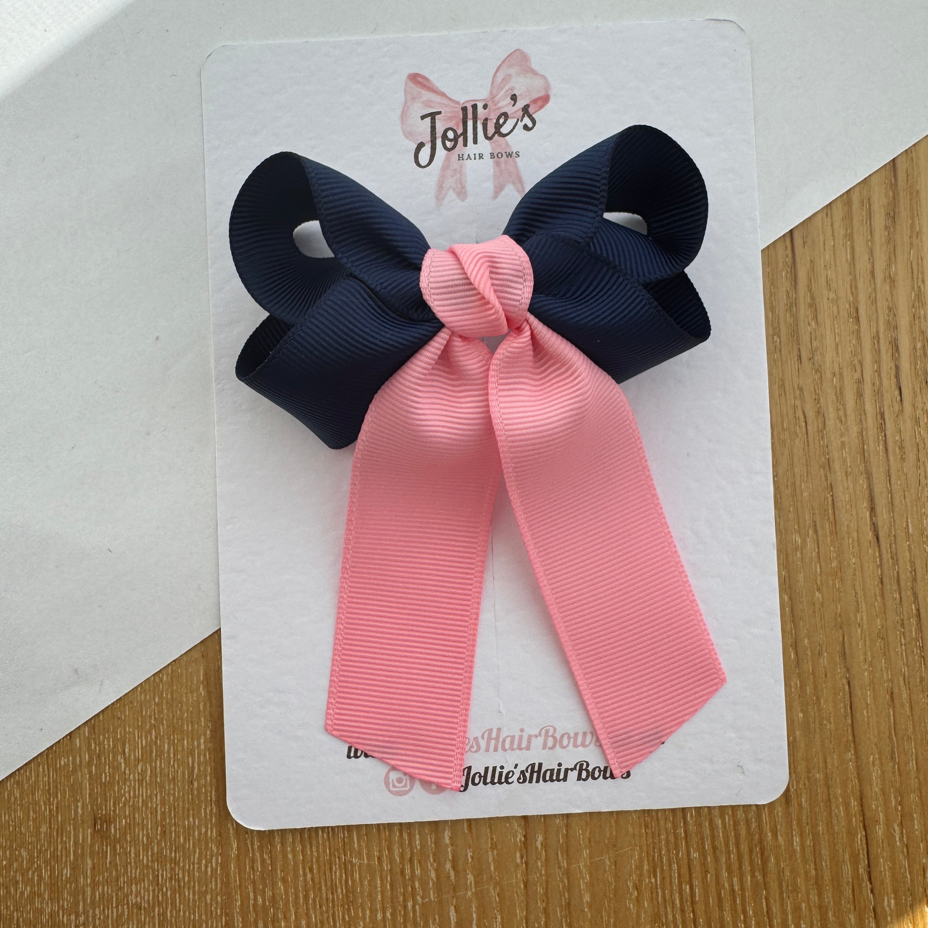 3" Navy & Pink Classic Ribbon Tail Hair Bow – Grosgrain Ribbon Clip with Teeth