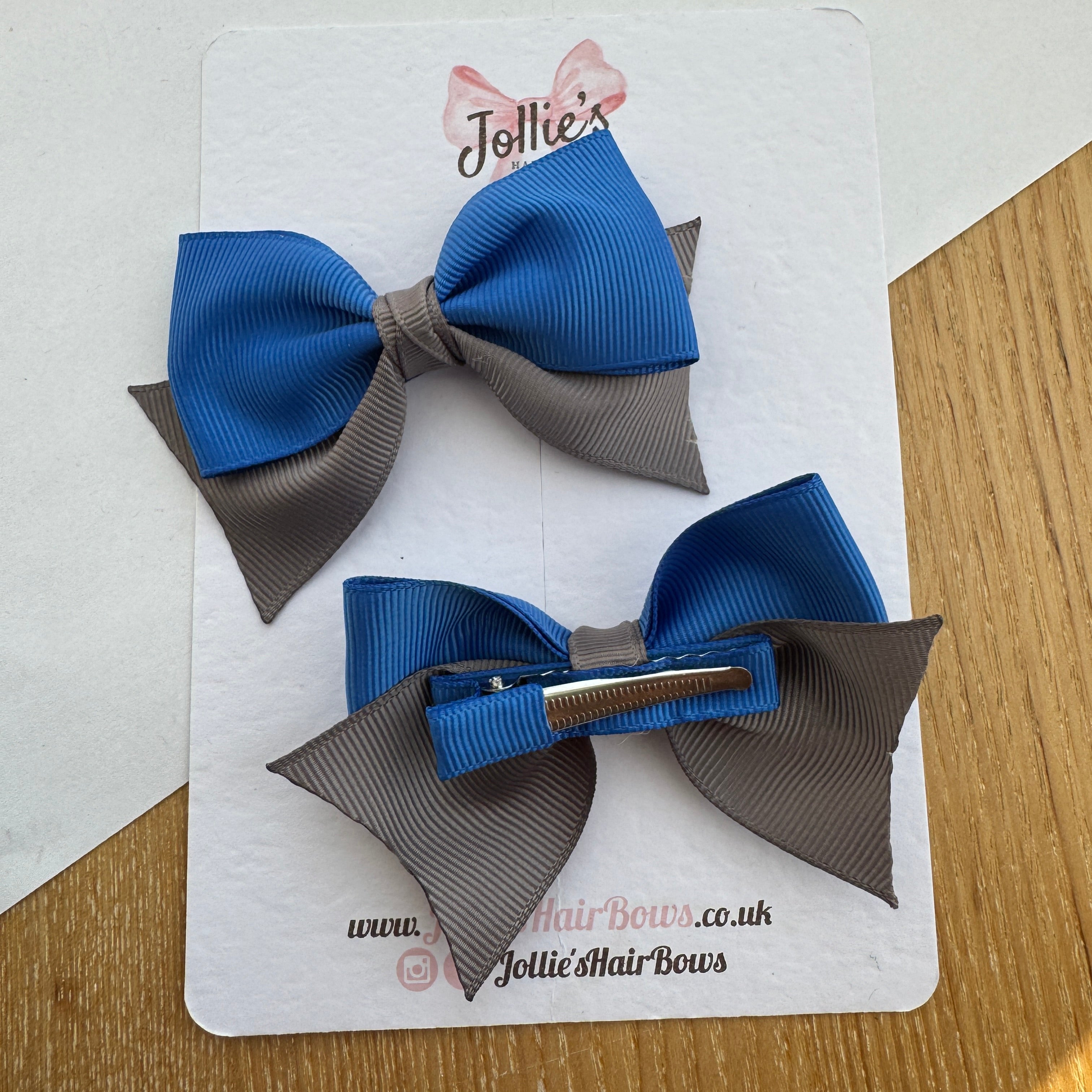 3" Royal Blue & Metal Grey Layered Pointed-Tail Hair Bow Pair – Grosgrain Ribbon Clips with Teeth