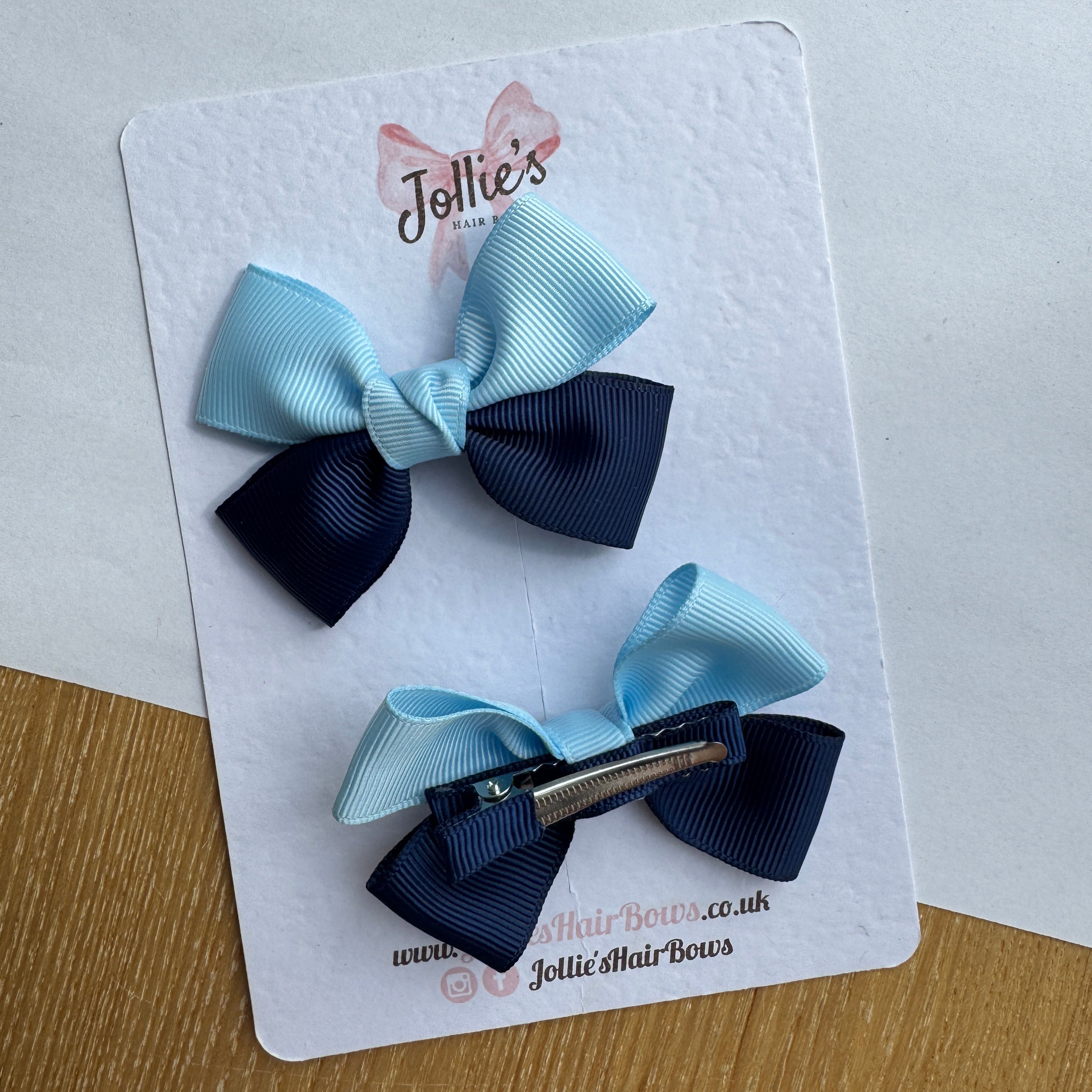 2.5" Navy & Blue Topaz Classic Hair Bow Pair – Grosgrain Ribbon Clips with Teeth