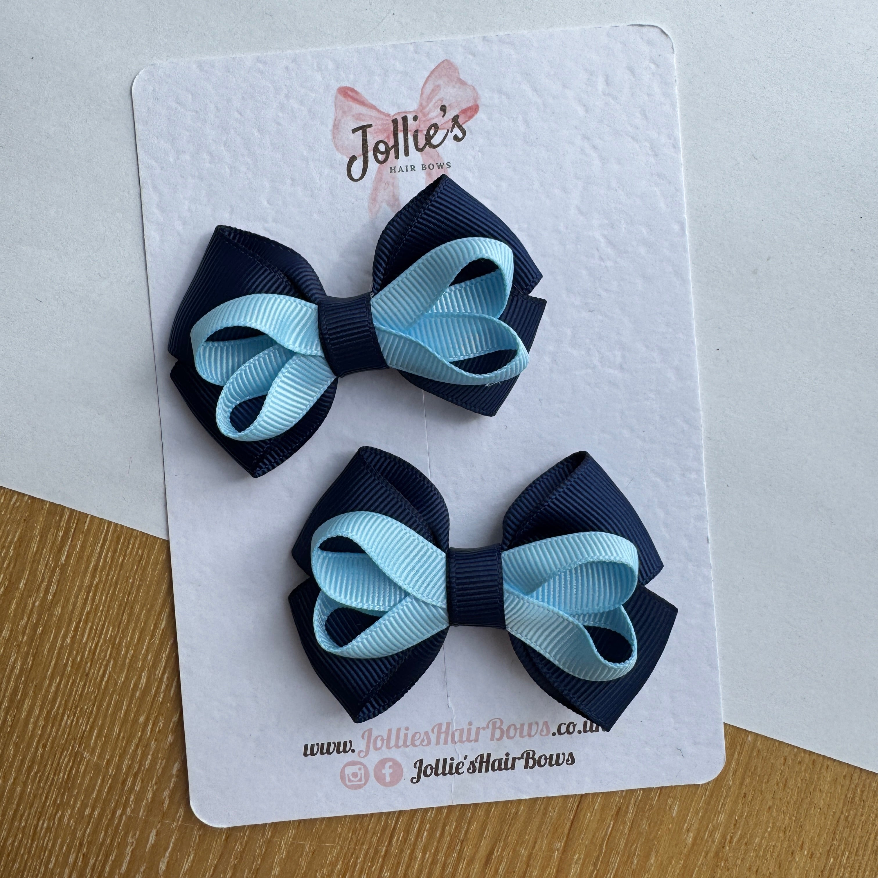 2.5" Navy & Blue Topaz Bow with Clip (Pair) – Grosgrain Ribbon Hair Bows for Girls