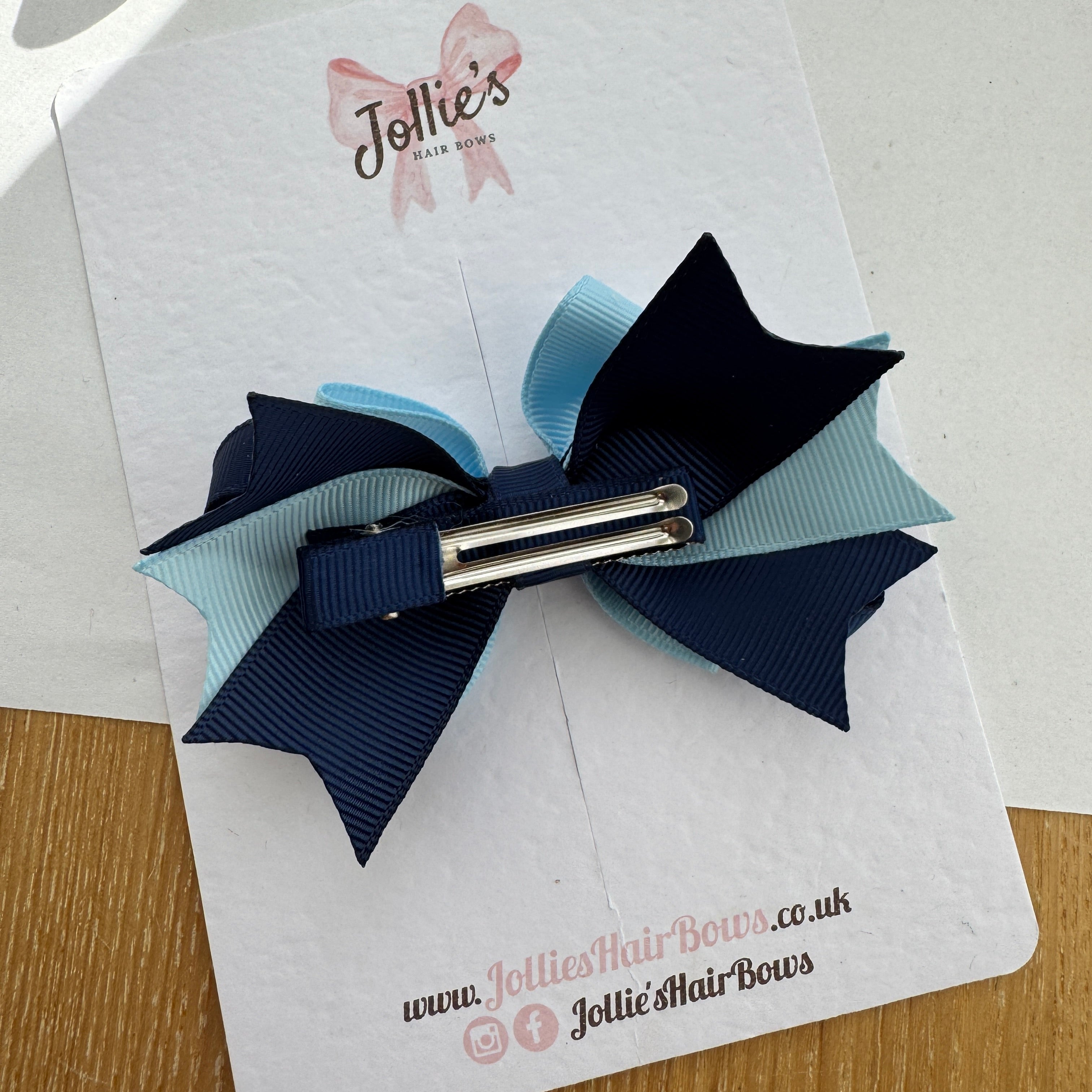 3.5" Navy & Blue Topaz Layered Pointed-Tail Hair Bow – Grosgrain Ribbon Clip with 1.7" Double Sponge Alligator Clip