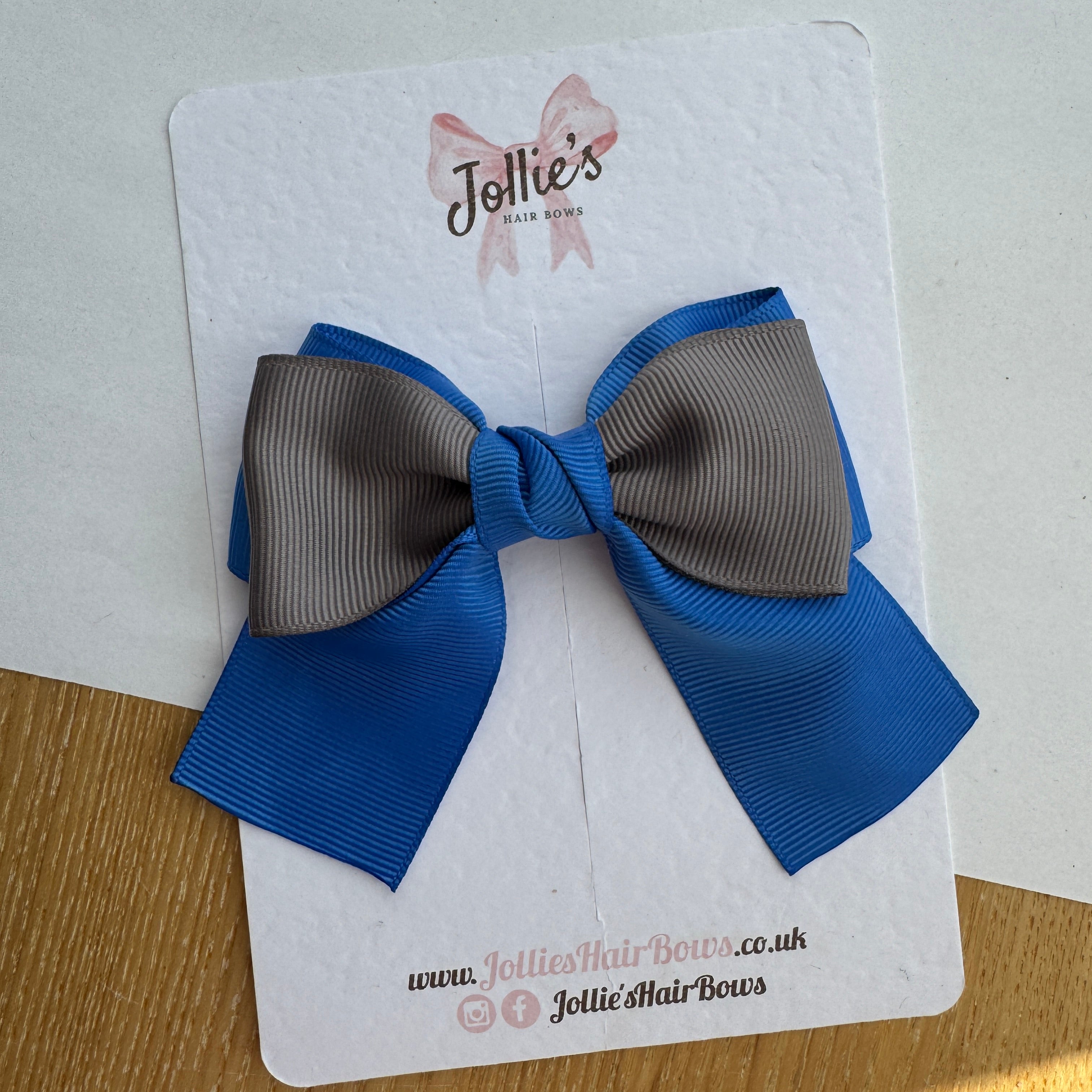 3.5" Royal Blue & Metal Grey Boutique Hair Bow – Grosgrain Ribbon Clip with 1.7" Alligator Clip with Teeth