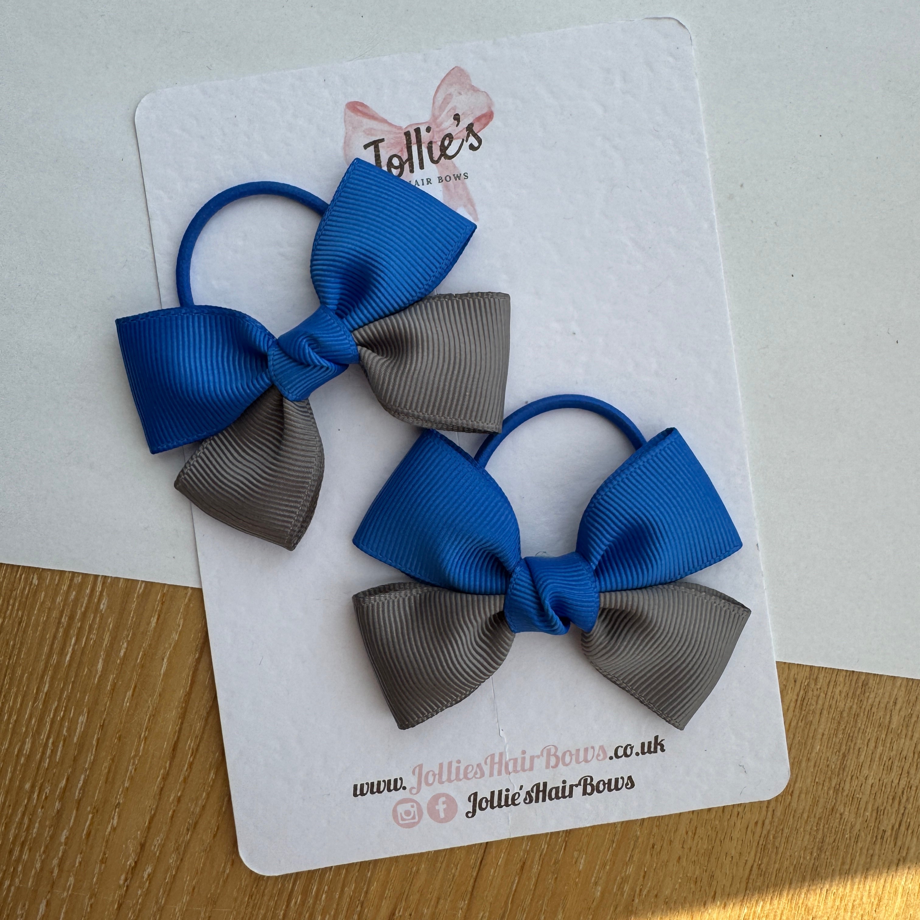 2.5" Royal Blue & Metal Grey Classic Hair Bow Pair – Grosgrain Ribbon on Thin Elastic