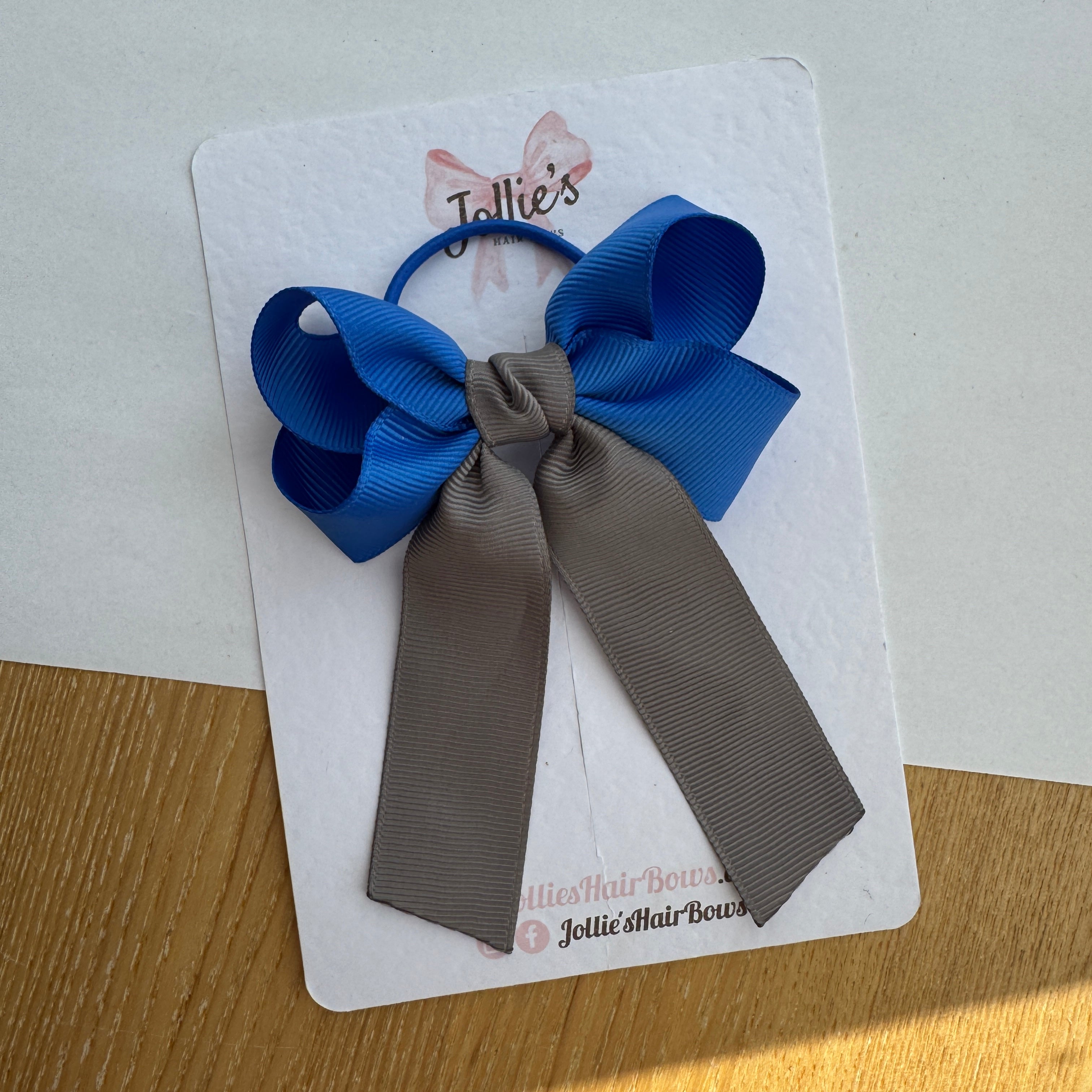 3" Royal Blue & Metal Grey Classic Ribbon Tail Hair Bow – Grosgrain Ribbon on Thin Elastic