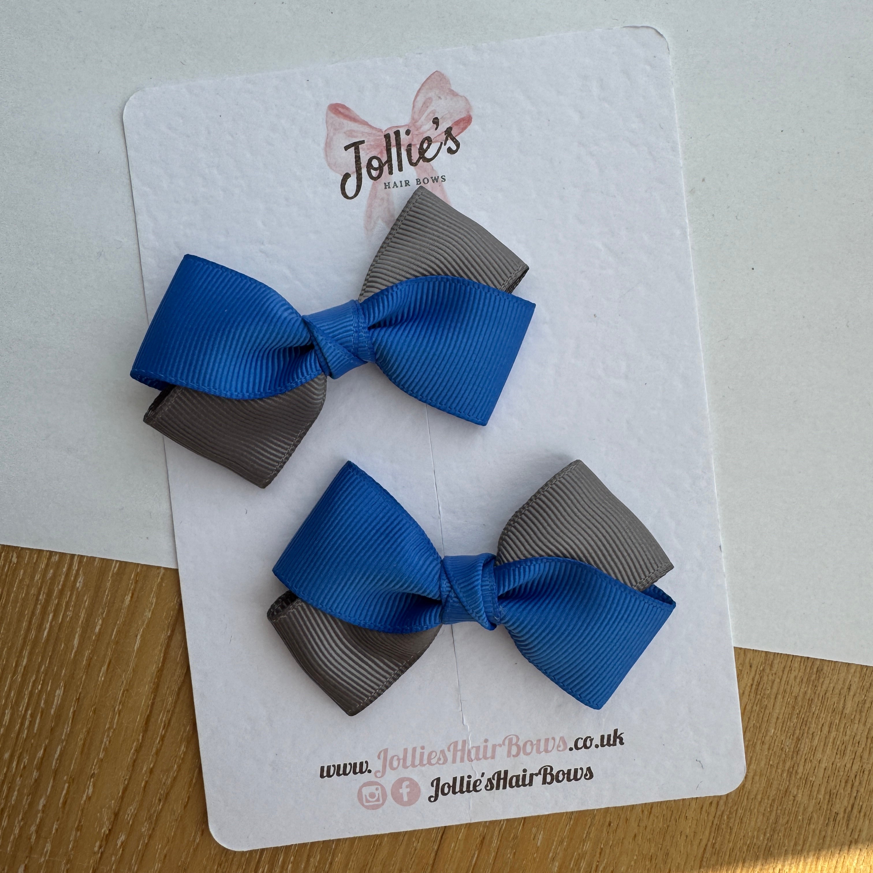 3" Royal Blue & Metal Grey Twisty Hair Bow Pair – Grosgrain Ribbon Clips with Teeth