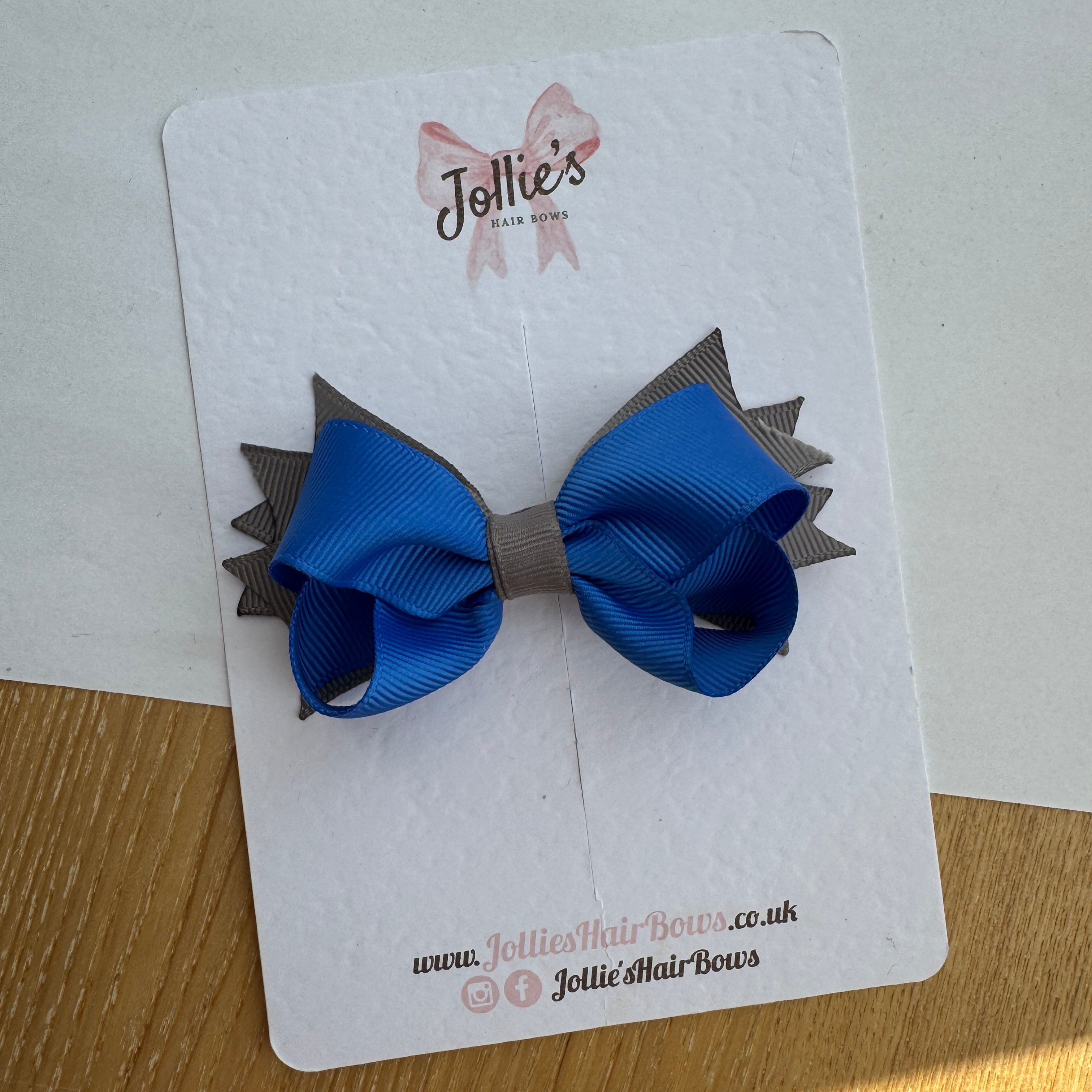 3.5" Royal Blue & Metal Grey Layered Pointed-Tail Hair Bow – Grosgrain Ribbon Clip with 1.7" Double Sponge Alligator Clip