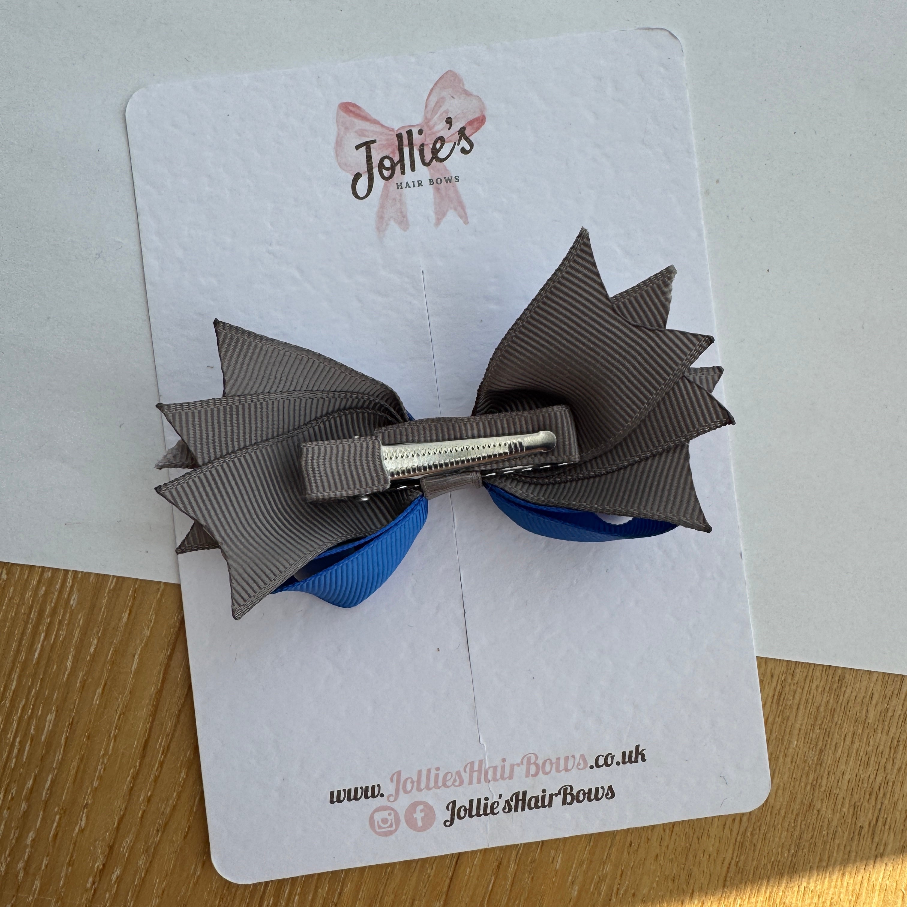 3.5" Royal Blue & Metal Grey Layered Pointed-Tail Hair Bow – Grosgrain Ribbon Clip with 1.7" Double Sponge Alligator Clip