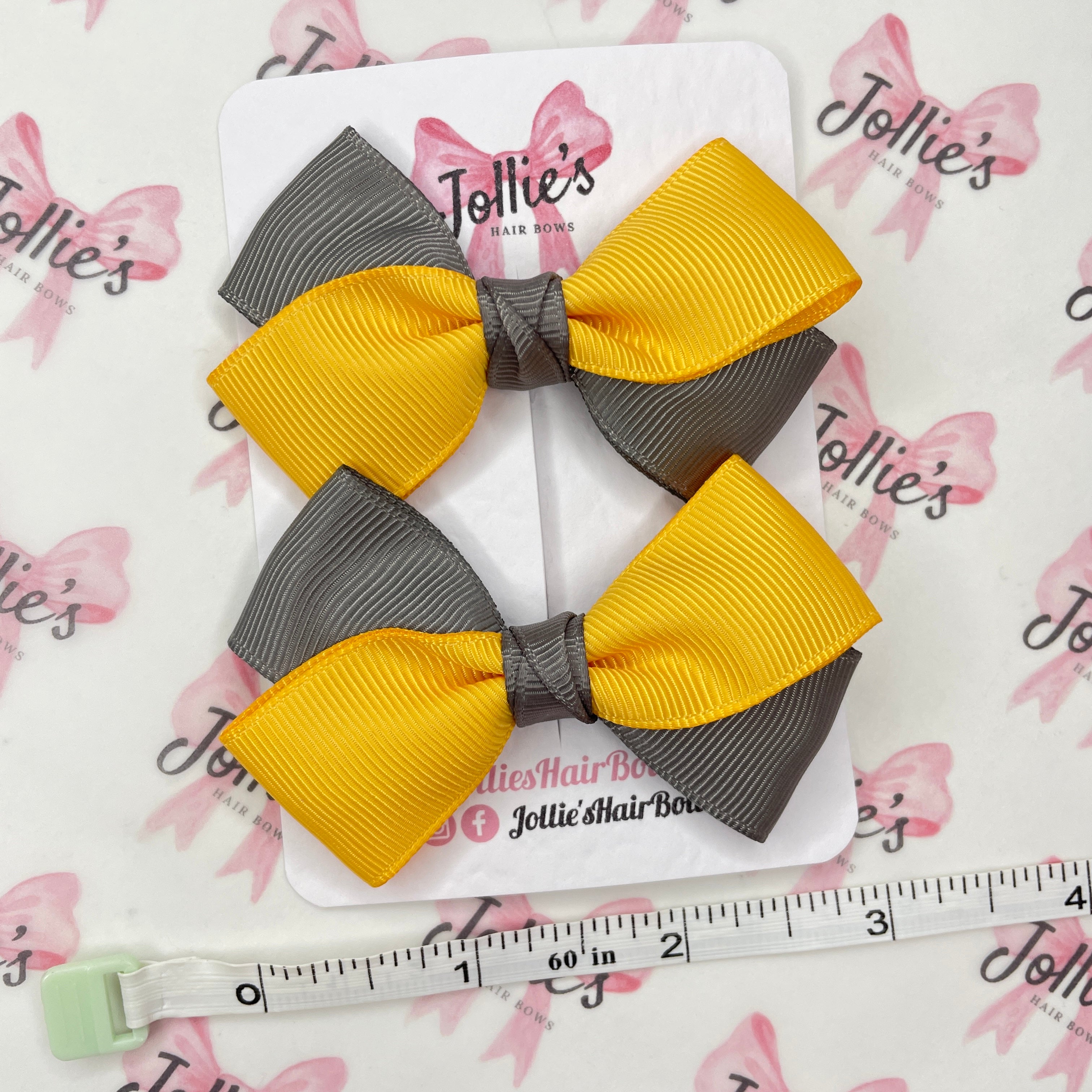3" Metal Grey & Yellow Gold Twisty Hair Bow Pair – Grosgrain Ribbon Clips with Teeth