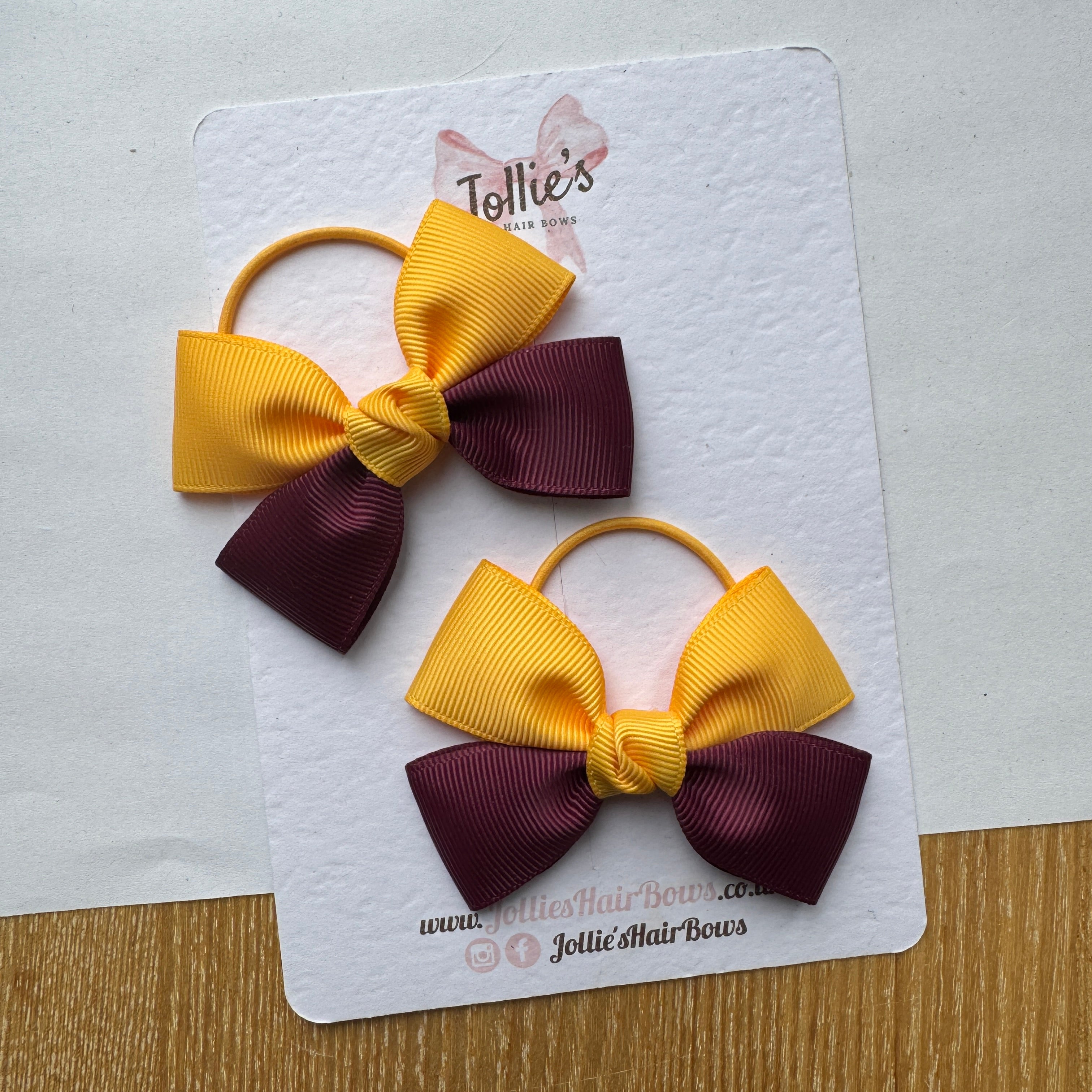 2.5" Yellow Gold & Burgundy Classic Hair Bow Pair – Grosgrain Ribbon on Thin Elastic