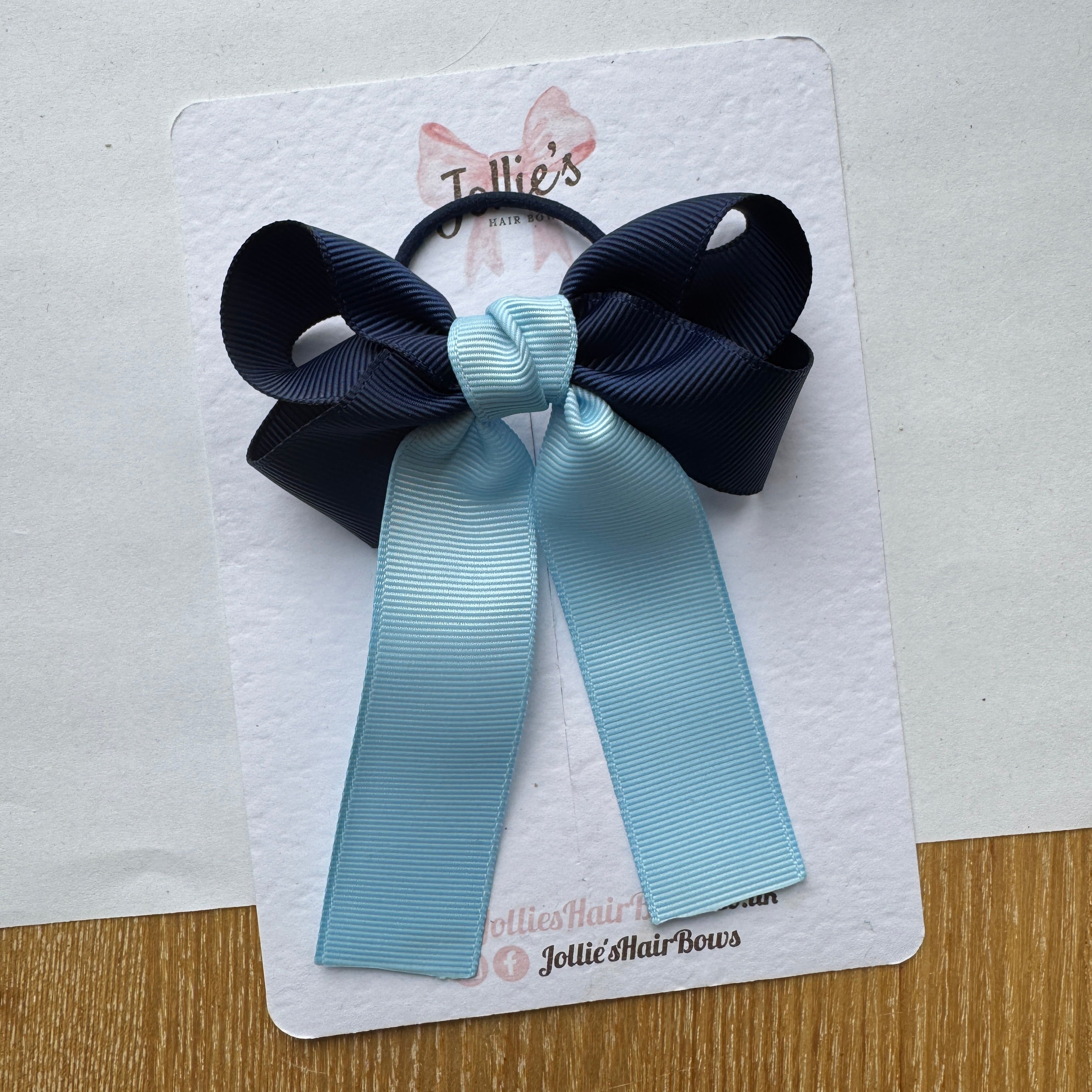 3" Navy & Blue Topaz Classic Ribbon Tail Hair Bow – Grosgrain Ribbon on Thin Elastic