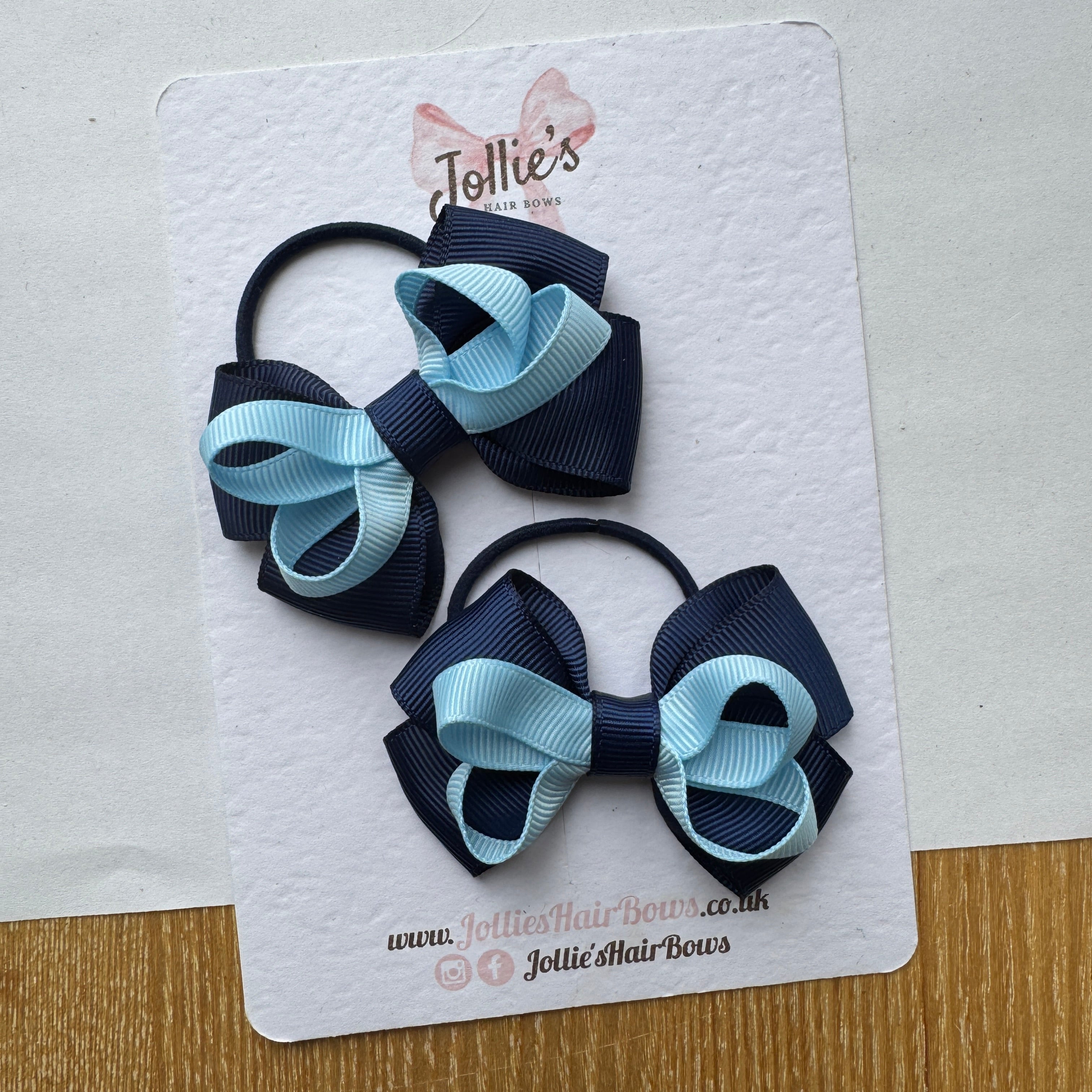 2.5" Navy & Blue Topaz Bow with Thin Elastic (Pair) – Grosgrain Ribbon Hair Bows for Girls