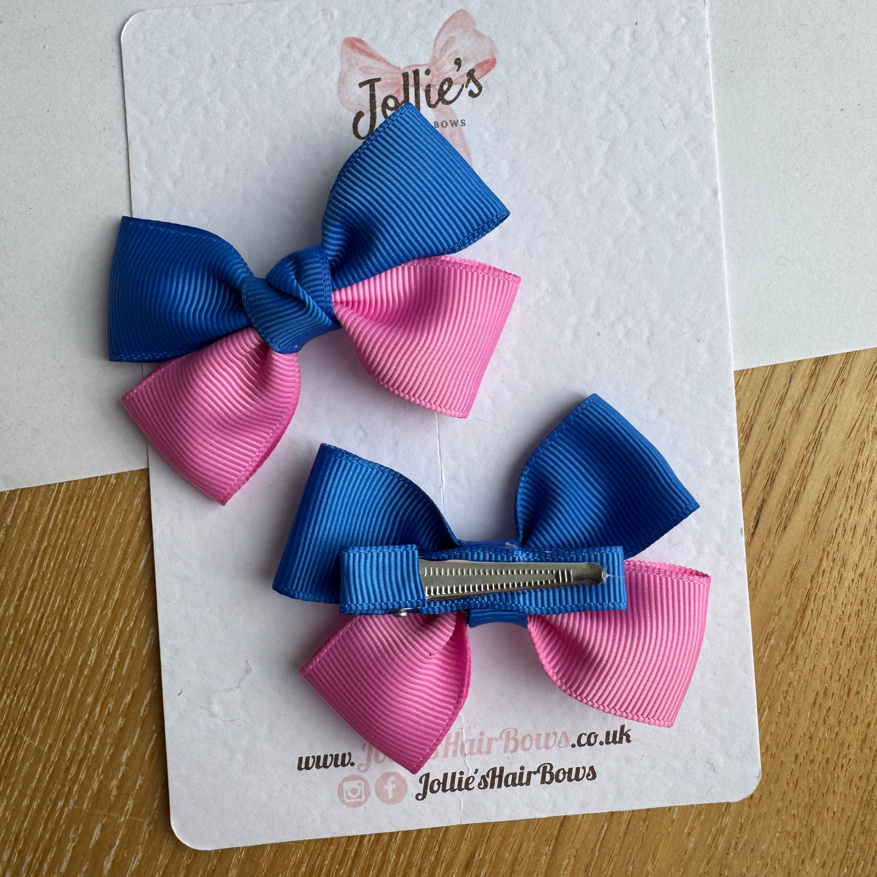 2.5" Royal Blue & Rose Bloom Classic Hair Bow Pair – Grosgrain Ribbon Clips with Teeth