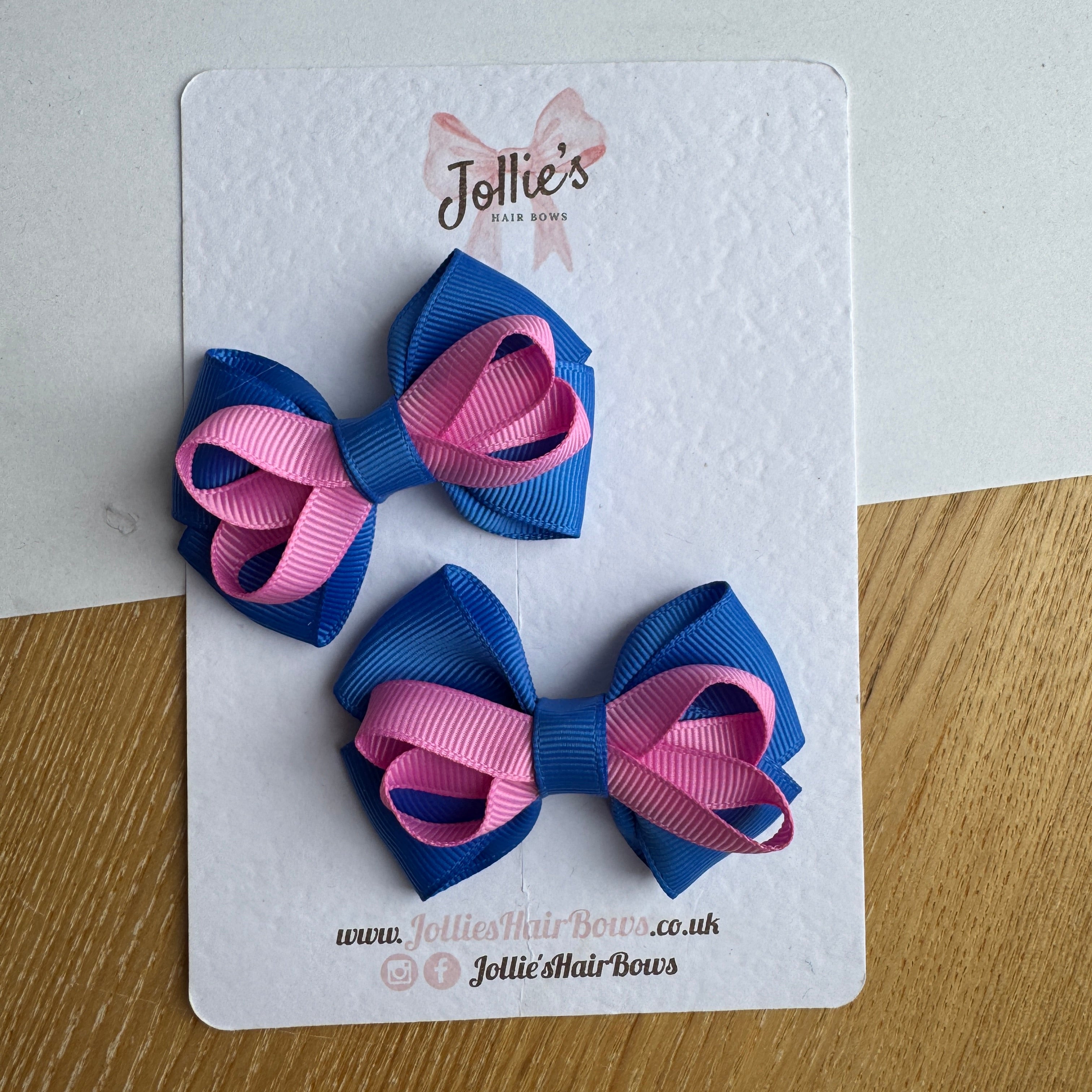 2.5" Royal Blue & Rose Bloom Bow with Clip (Pair) – Grosgrain Ribbon Hair Bows for Girls