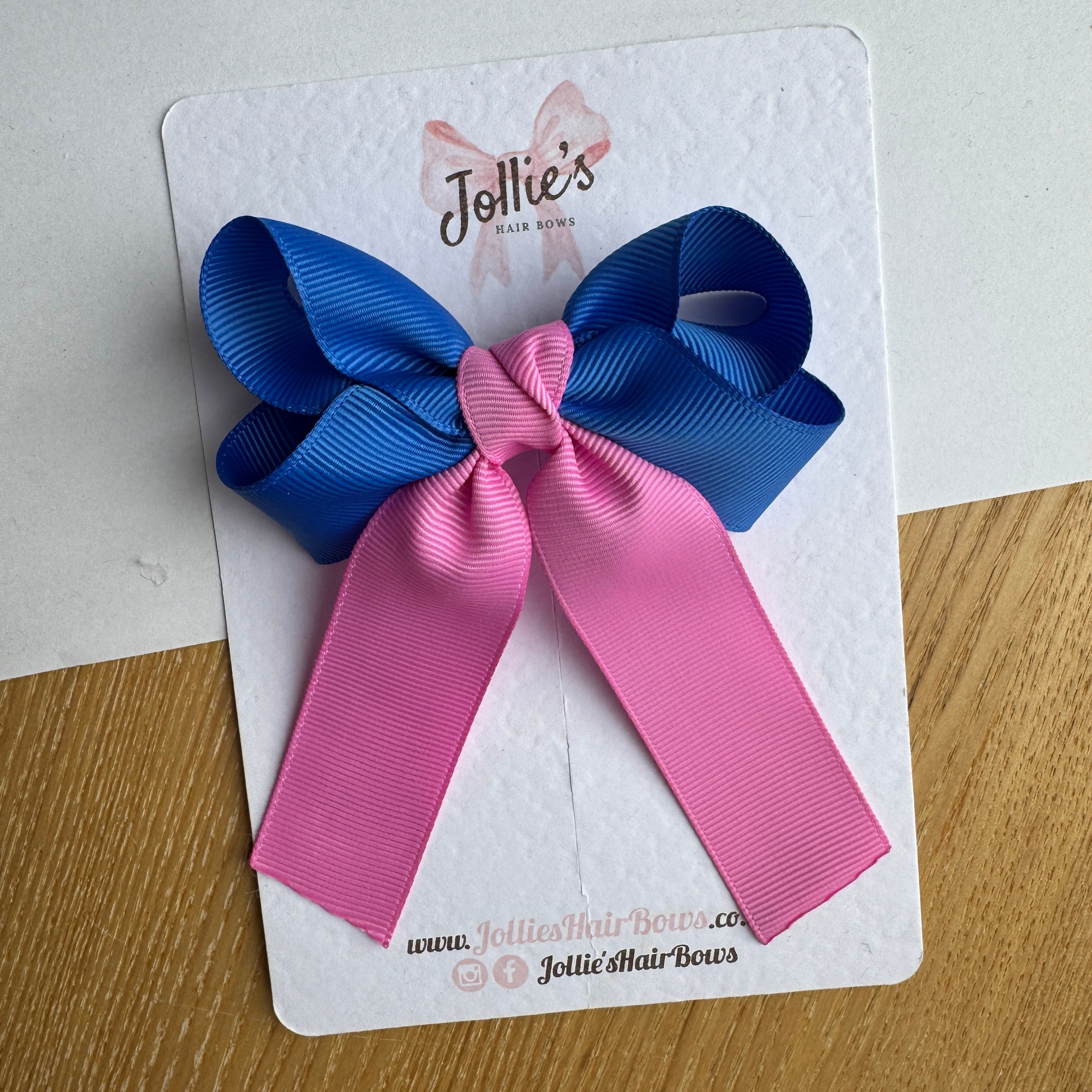 3" Royal Blue & Rose Bloom Classic Ribbon Tail Hair Bow – Grosgrain Ribbon Clip with Teeth