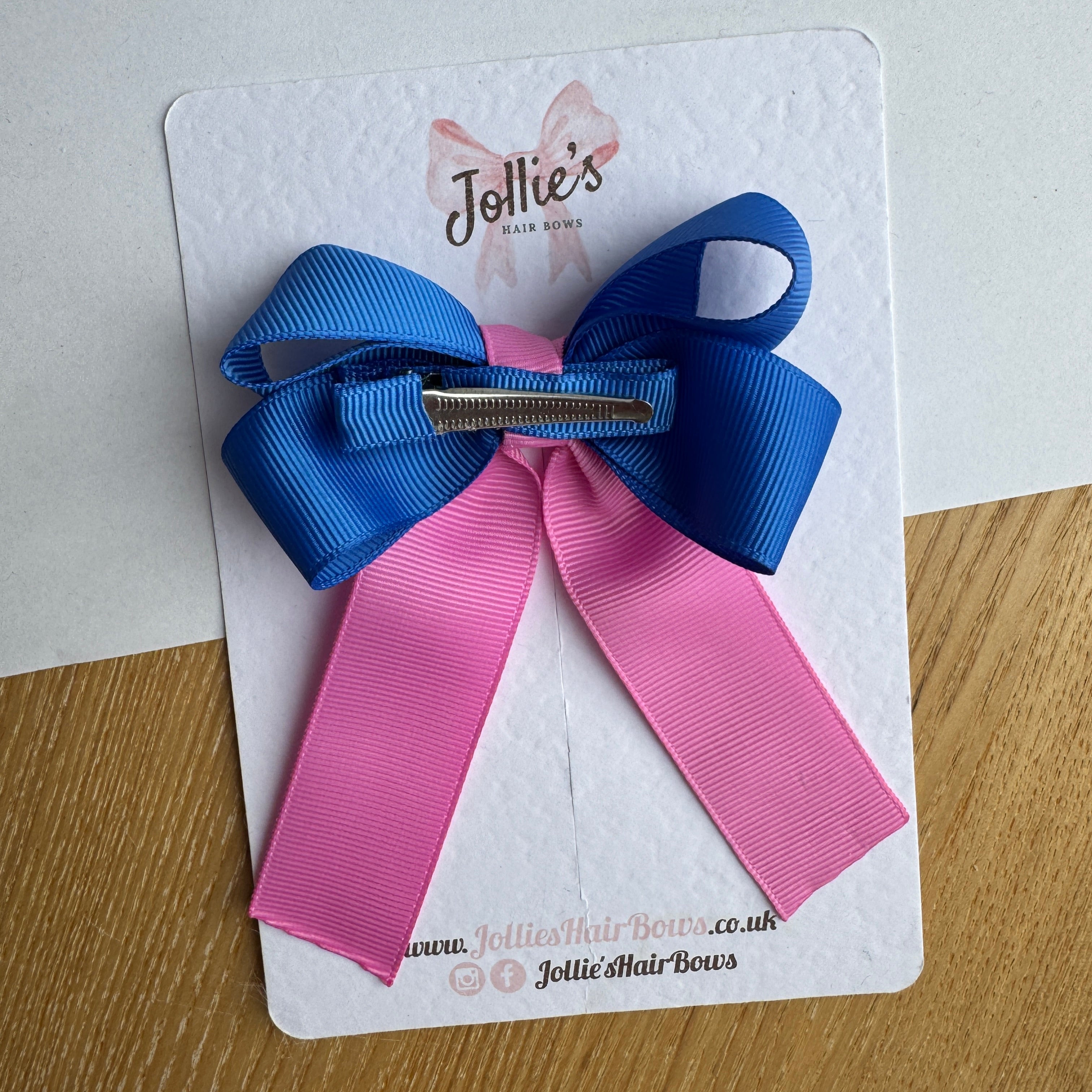 3" Royal Blue & Rose Bloom Classic Ribbon Tail Hair Bow – Grosgrain Ribbon Clip with Teeth