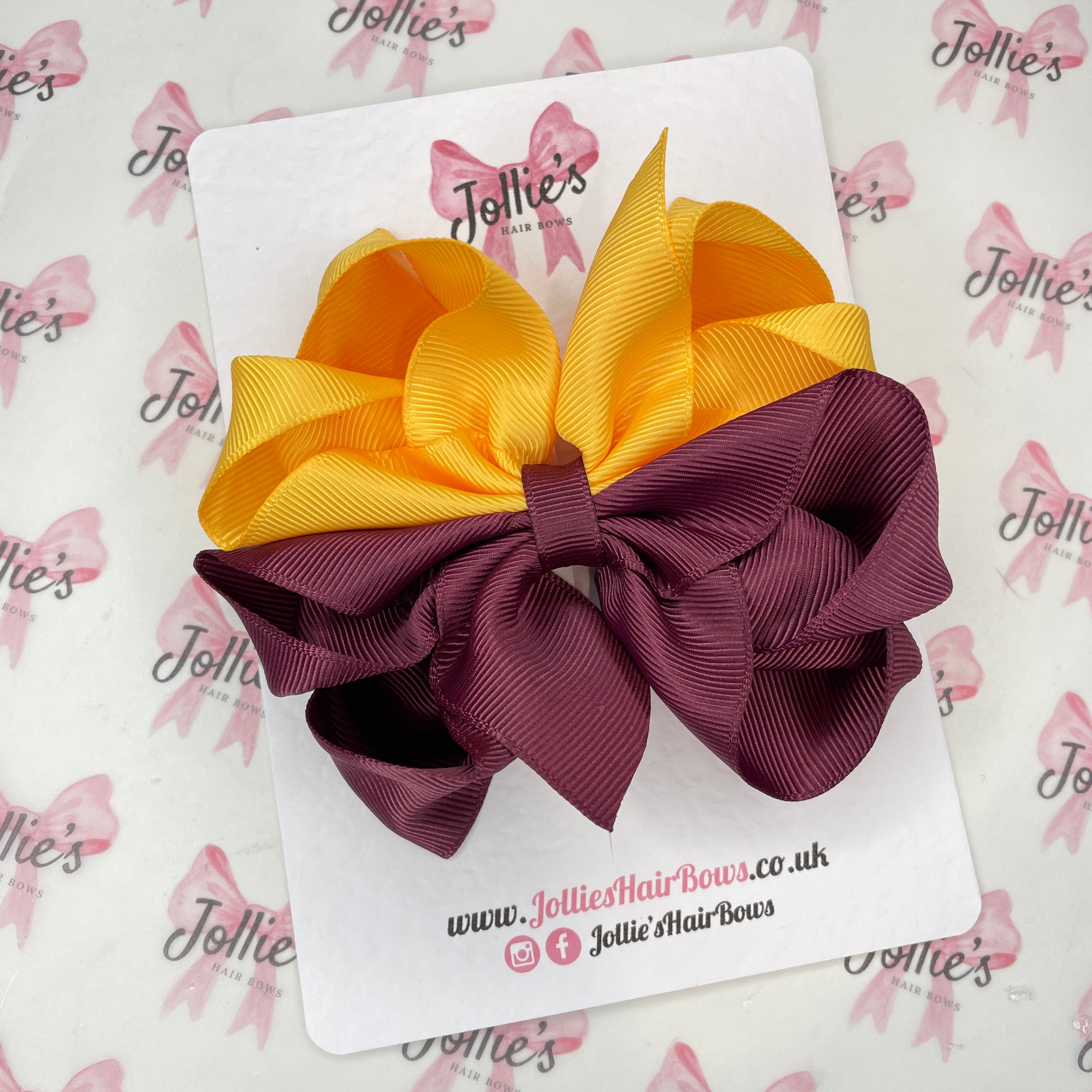 4.5" Burgundy & Yellow Gold Layered Octopus Hair Bow – Grosgrain Ribbon Clip for School & Everyday Wear