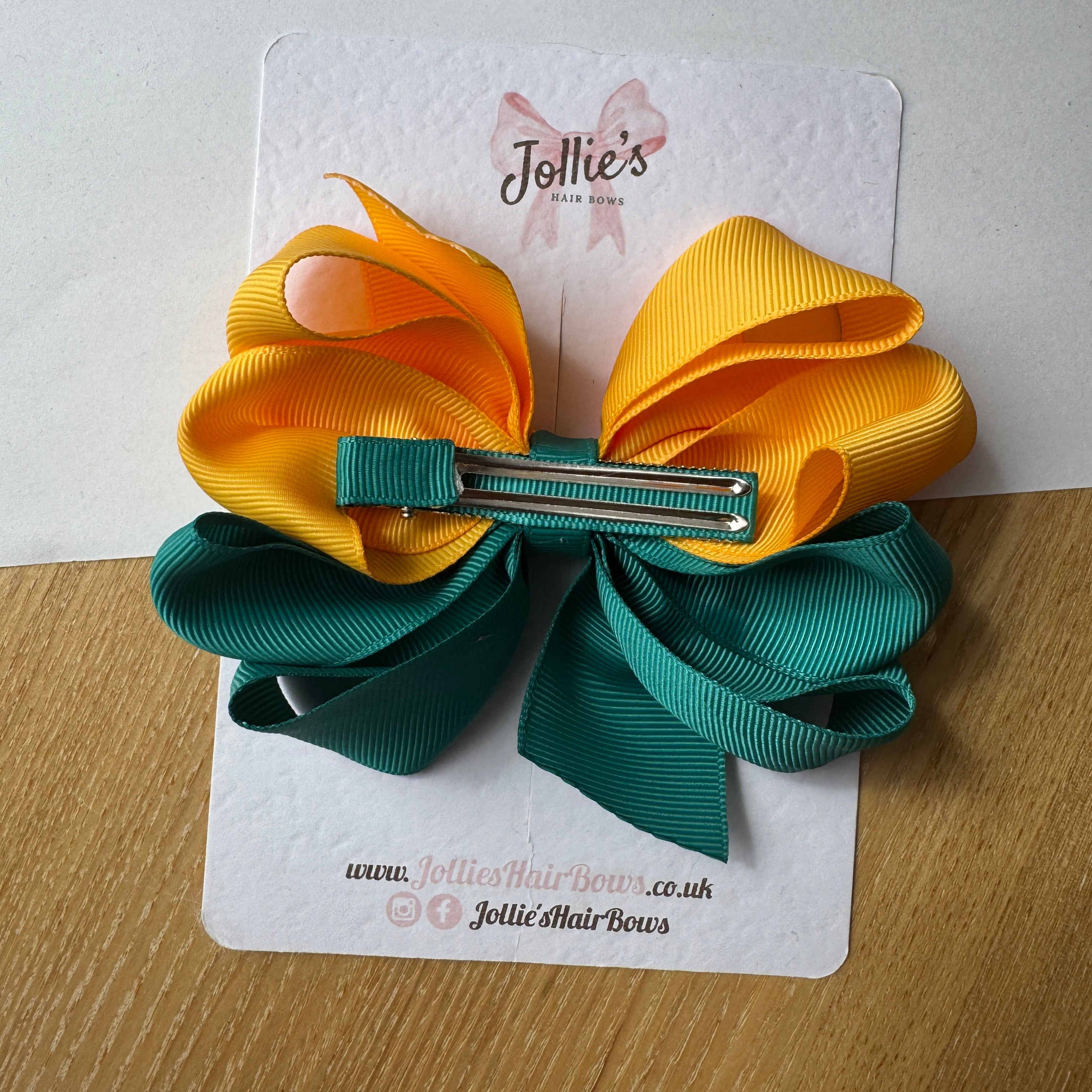 4.5" Jade Green & Yellow Gold Octopus Hair Bow – Grosgrain Ribbon Clip for School & Everyday Wear