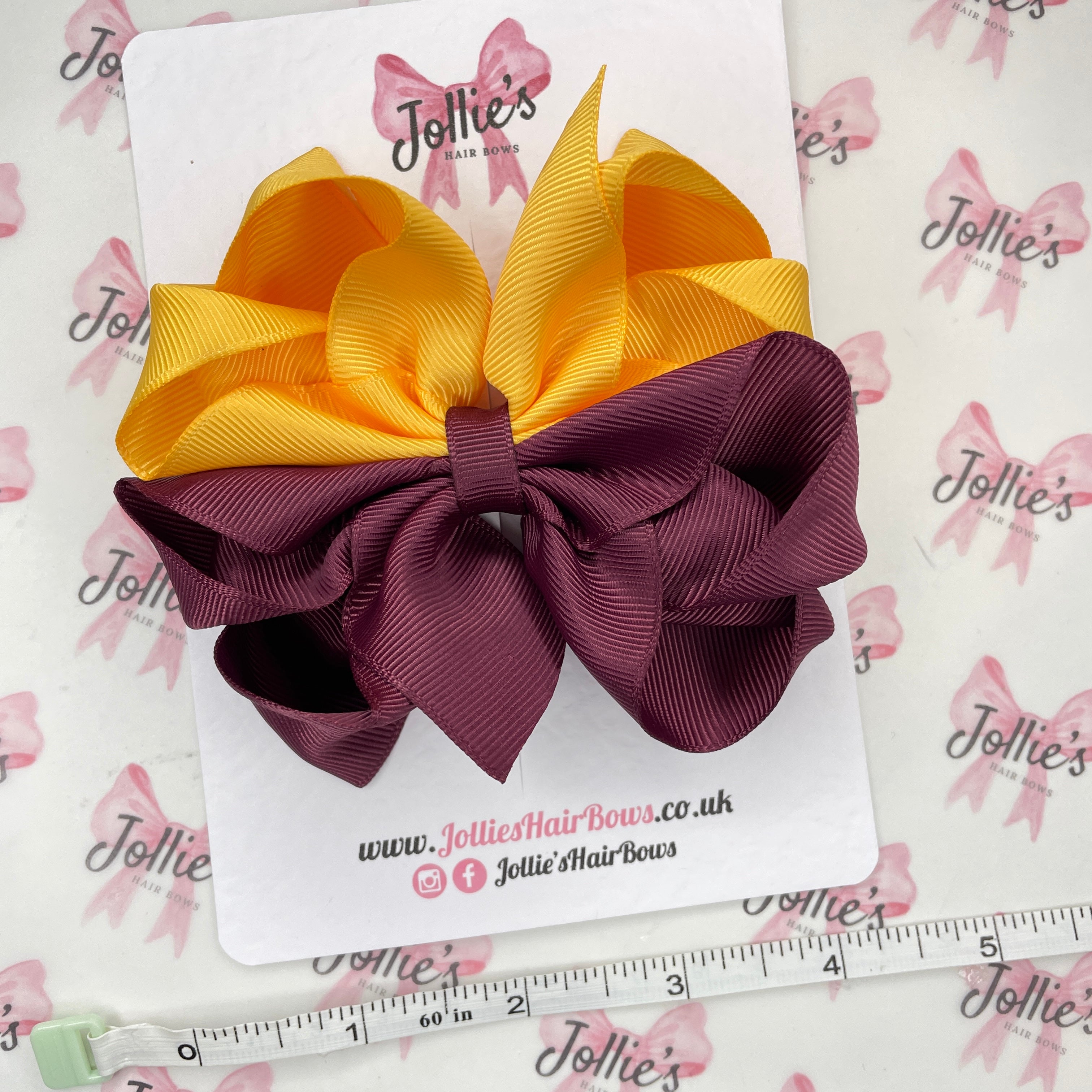 4.5" Burgundy & Yellow Gold Layered Octopus Hair Bow – Grosgrain Ribbon Clip for School & Everyday Wear