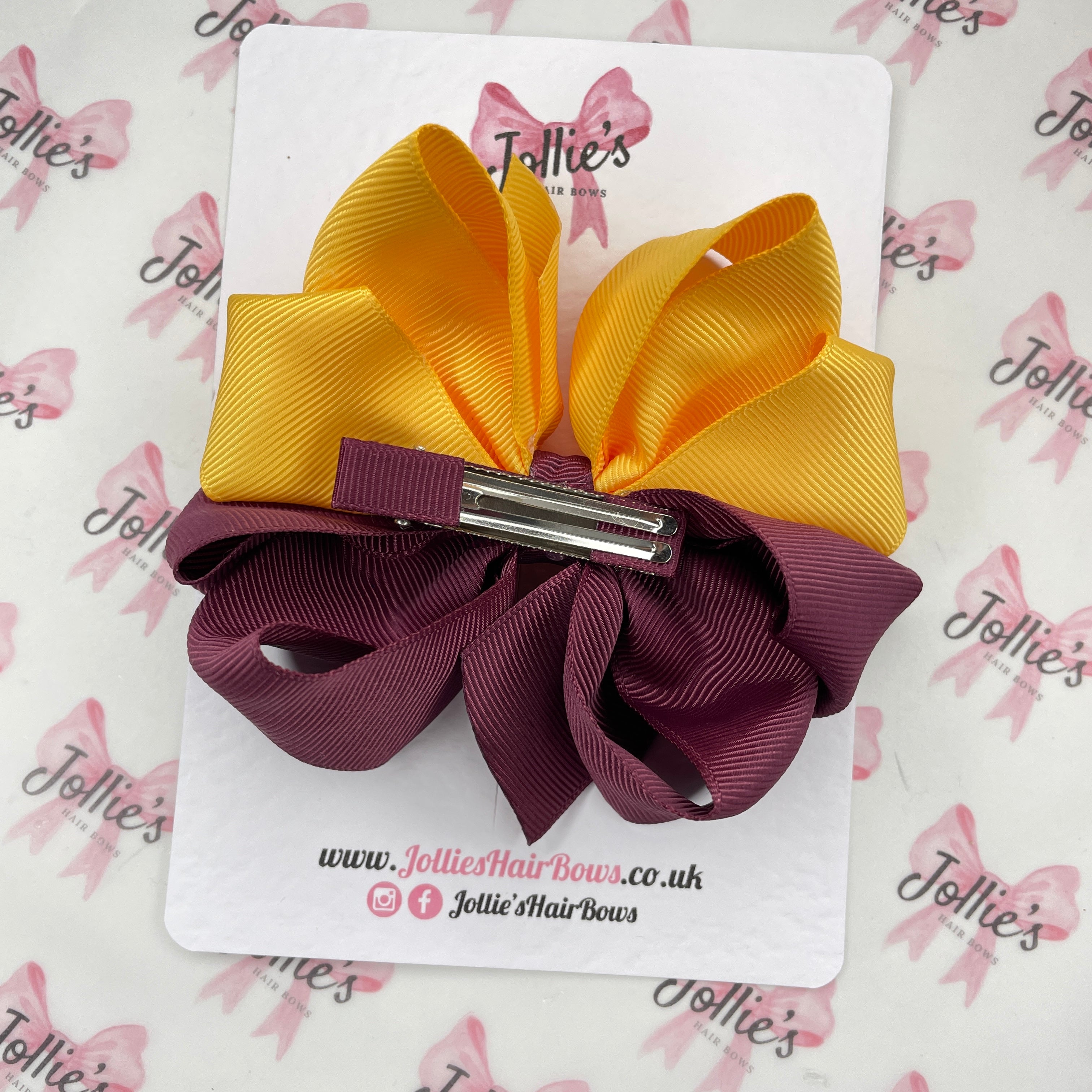 4.5" Burgundy & Yellow Gold Layered Octopus Hair Bow – Grosgrain Ribbon Clip for School & Everyday Wear