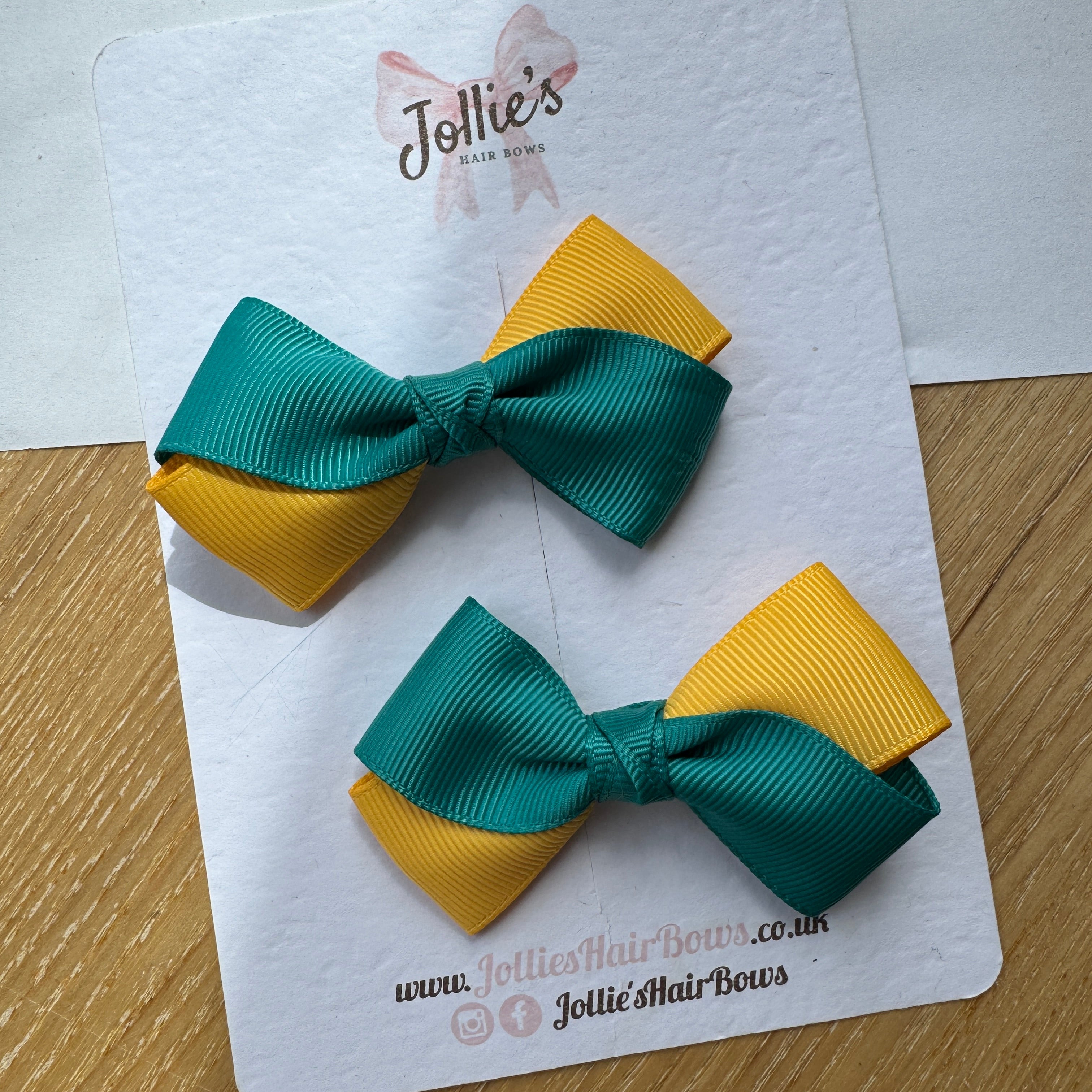3" Jade Green & Yellow Gold Twisty Hair Bow Pair – Grosgrain Ribbon Clips with Teeth