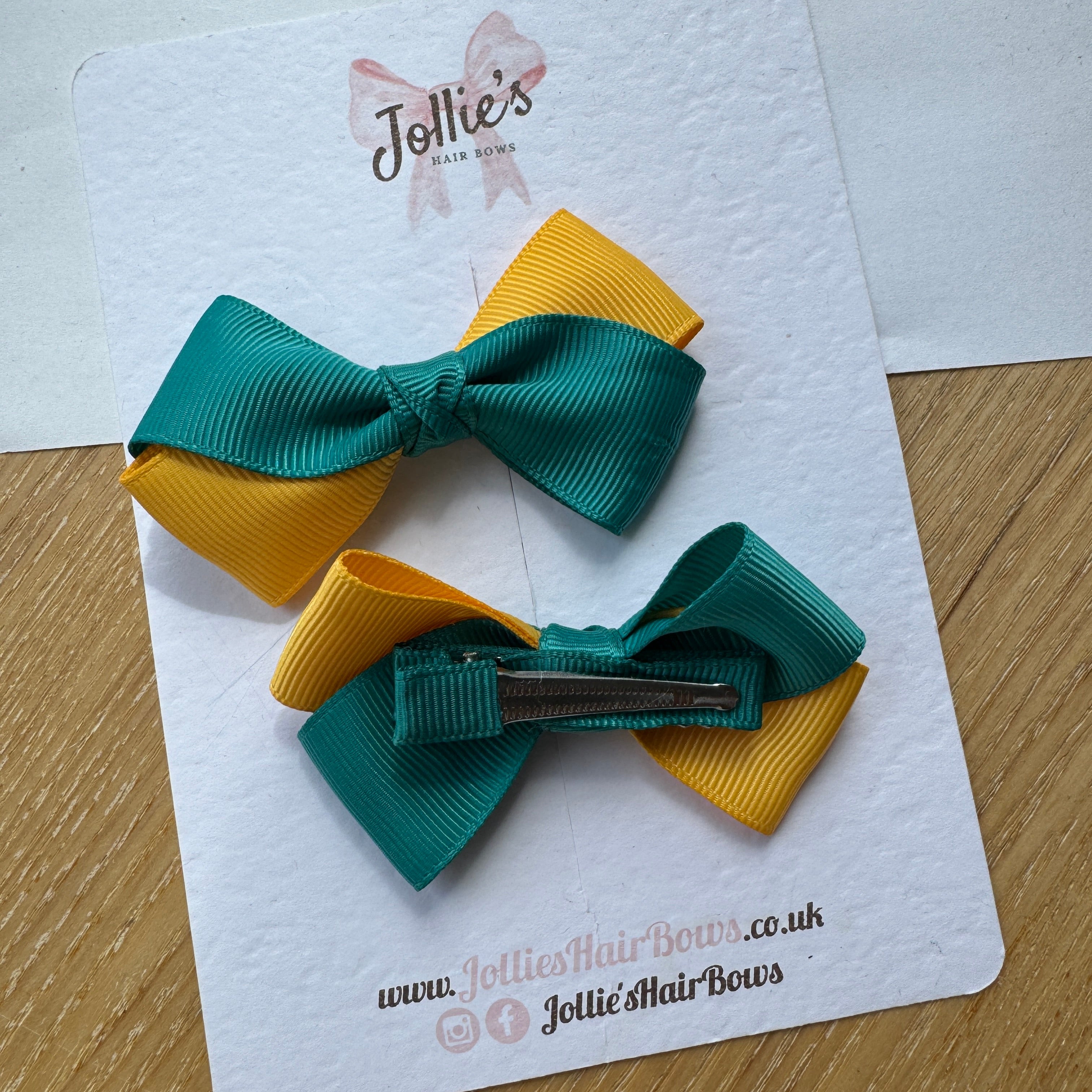 3" Jade Green & Yellow Gold Twisty Hair Bow Pair – Grosgrain Ribbon Clips with Teeth