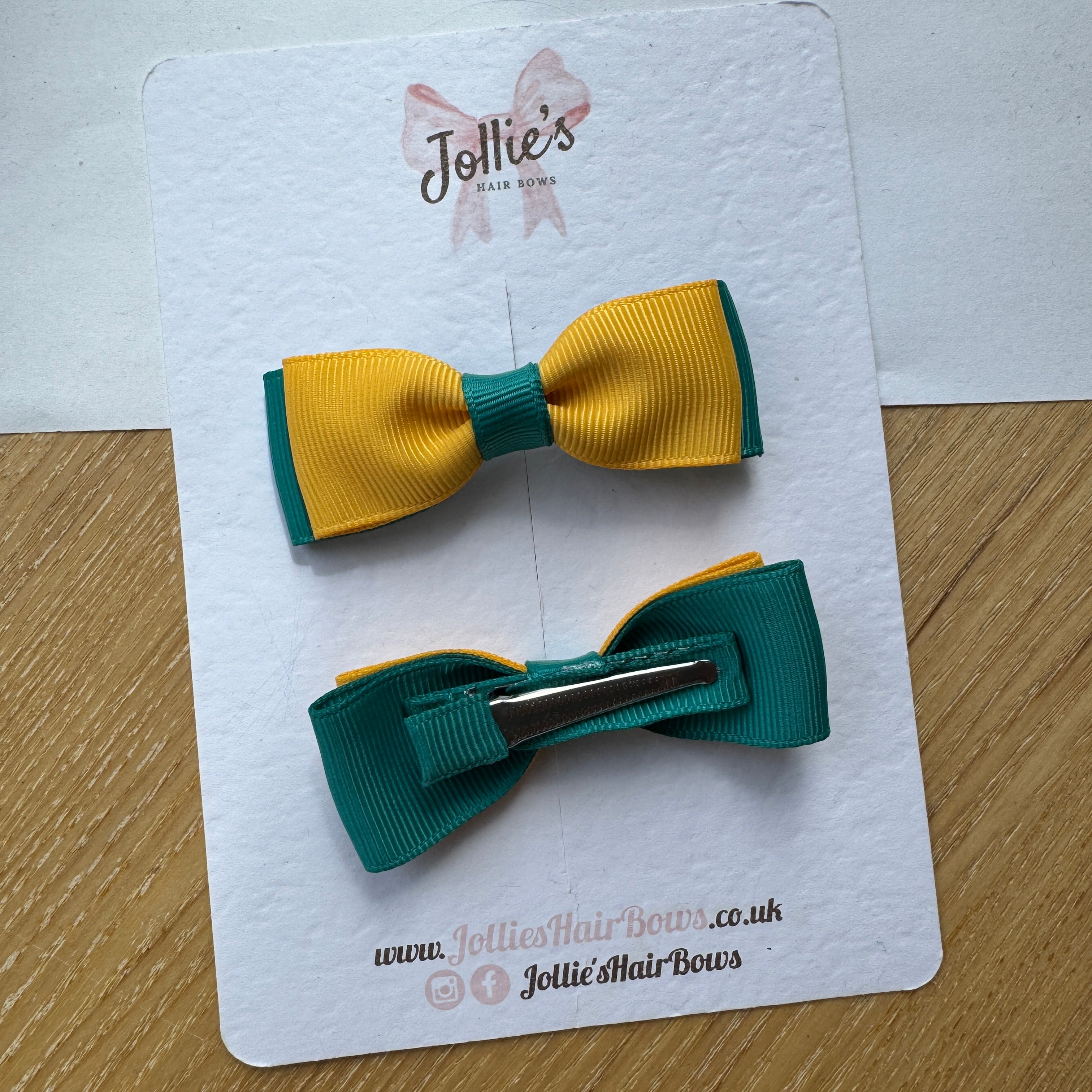 2.5" Jade Green & Yellow Gold Bow Clip Set β Hair Bows for Girls (Pair)