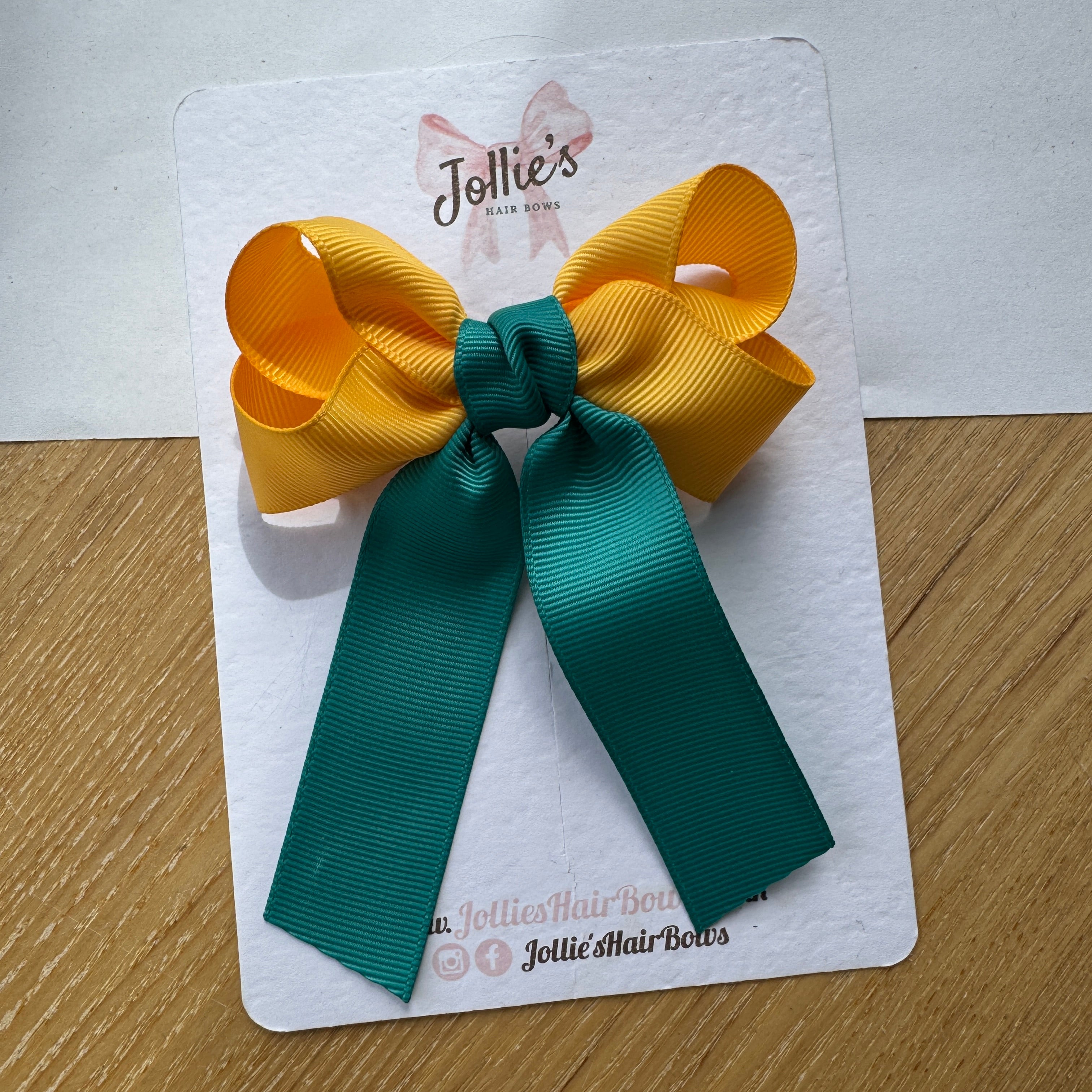 3" Jade Green & Yellow Gold Classic Ribbon Tail Hair Bow – Grosgrain Ribbon Clip with Teeth
