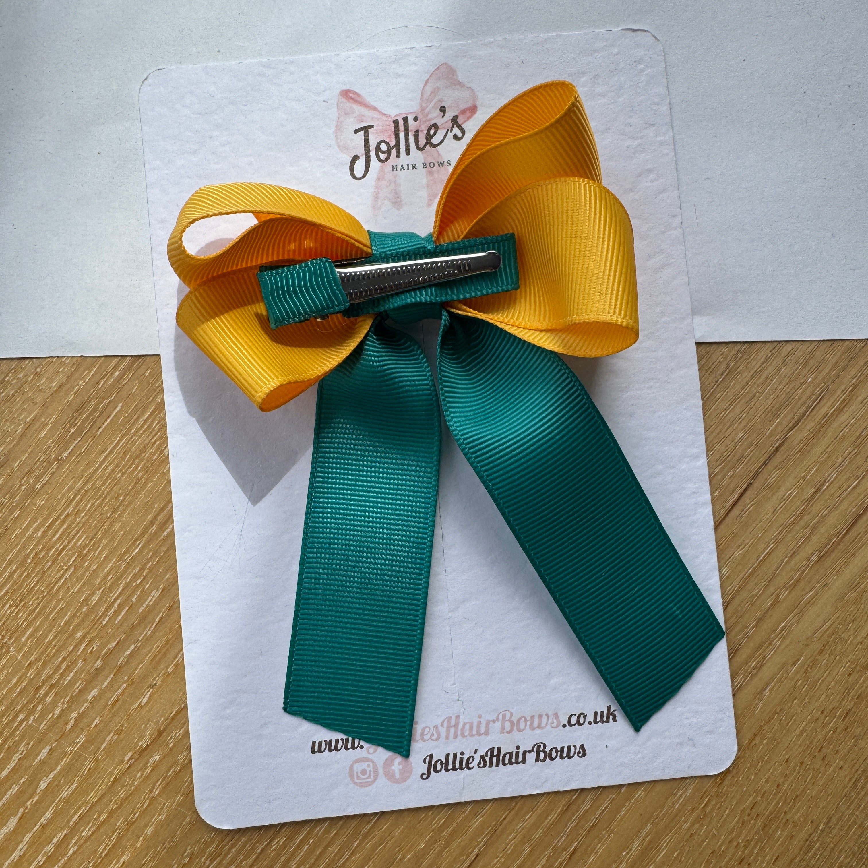 3" Jade Green & Yellow Gold Classic Ribbon Tail Hair Bow – Grosgrain Ribbon Clip with Teeth