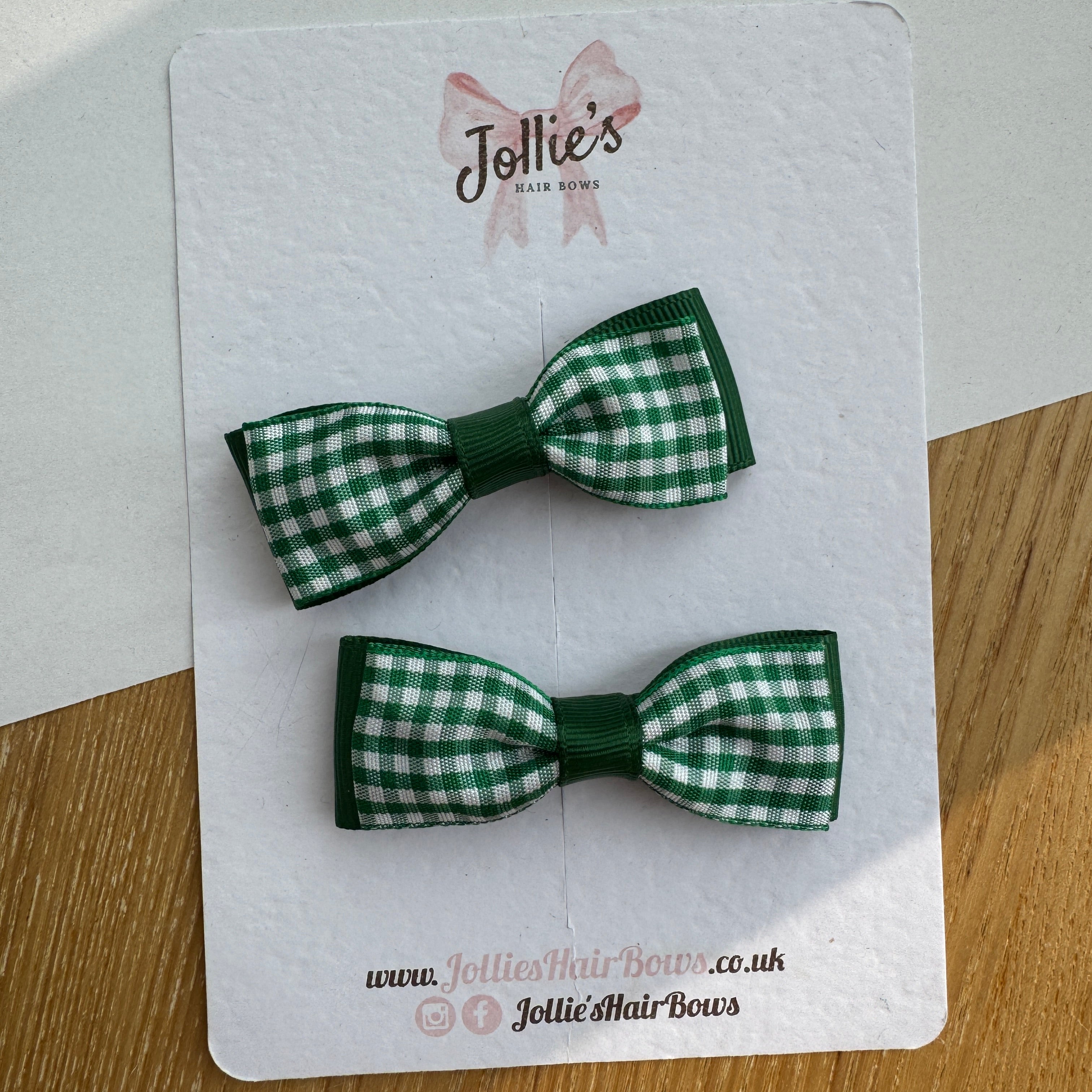 2.5" Green Gingham Bow Clip Set – Hair Bows for Girls (Pair)