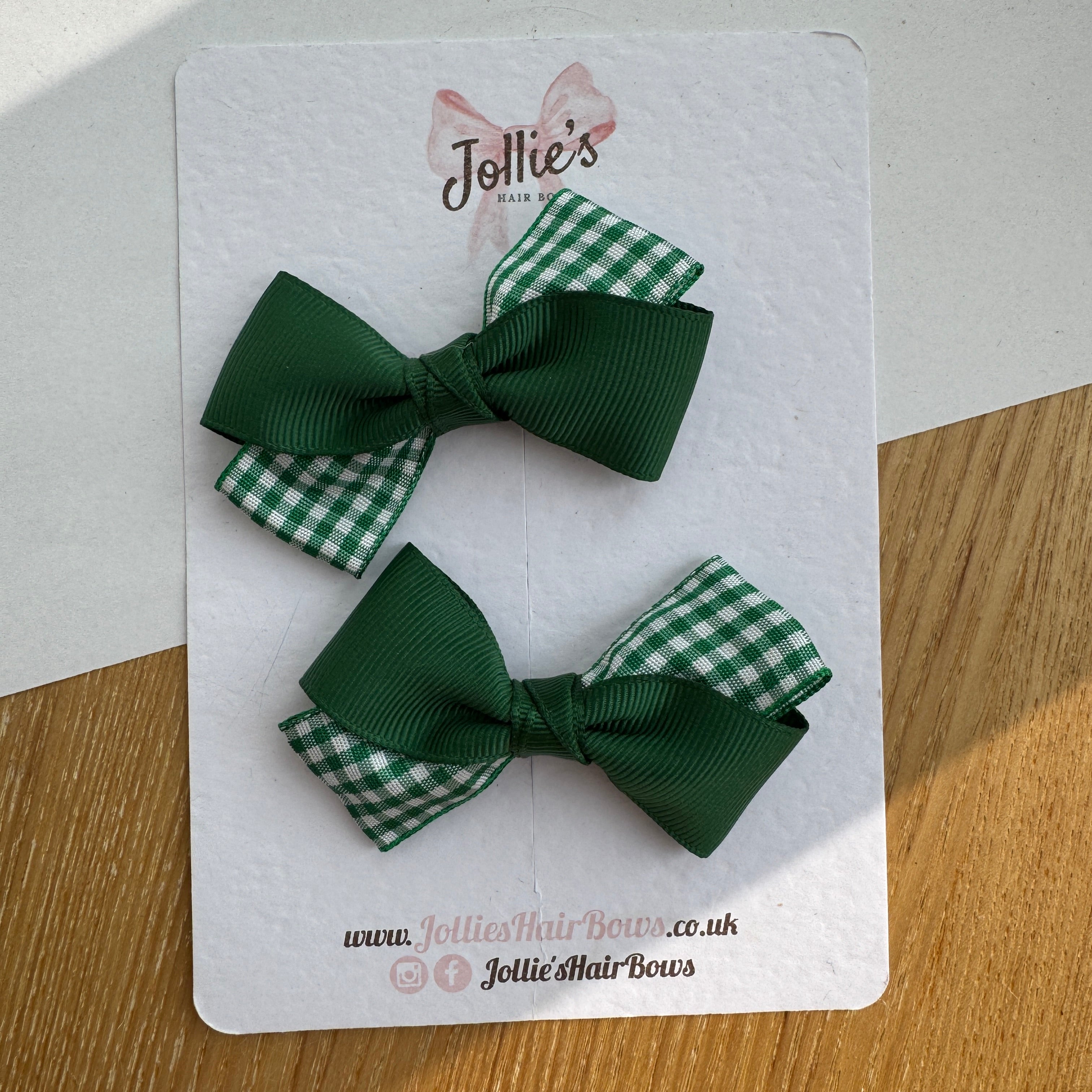 3" Green Gingham Twisty Hair Bow Pair – Grosgrain Ribbon Clips with Teeth