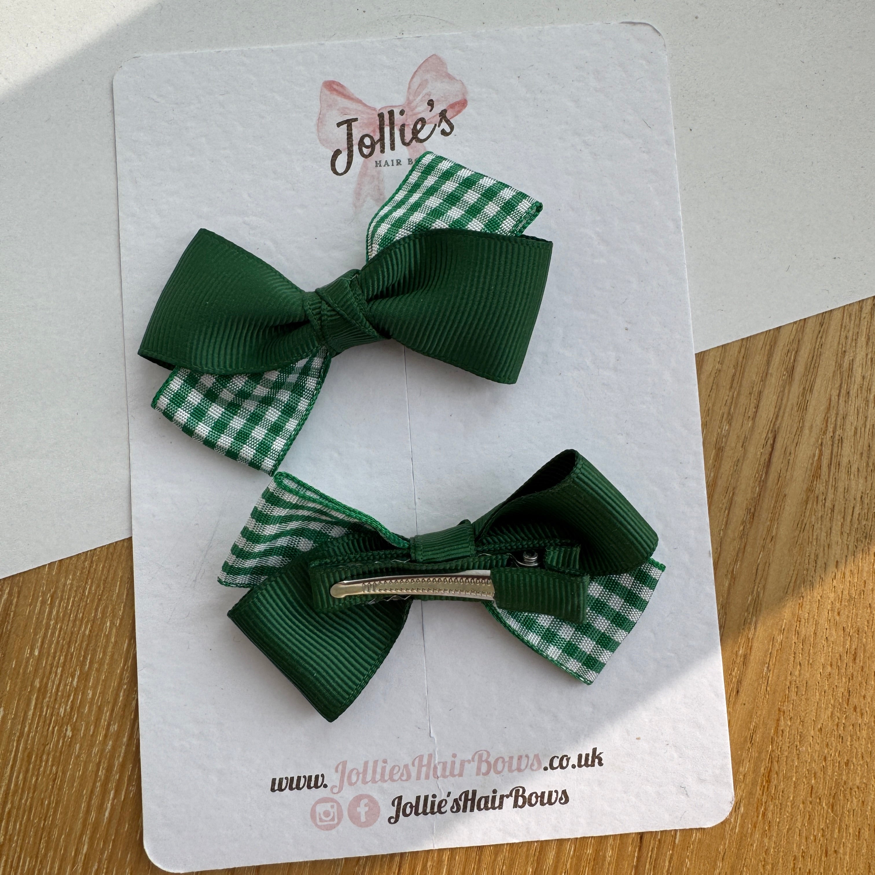3" Green Gingham Twisty Hair Bow Pair – Grosgrain Ribbon Clips with Teeth