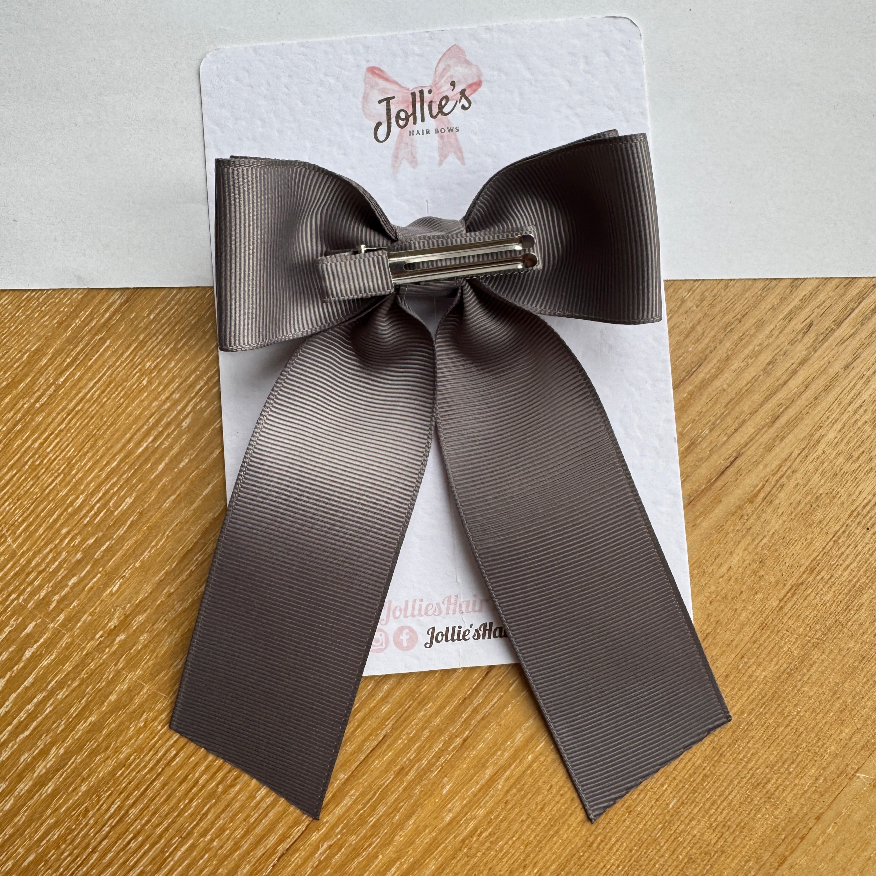 5" Metal Grey Long Tail School Hair Bow – Grosgrain Ribbon Clip with Teeth