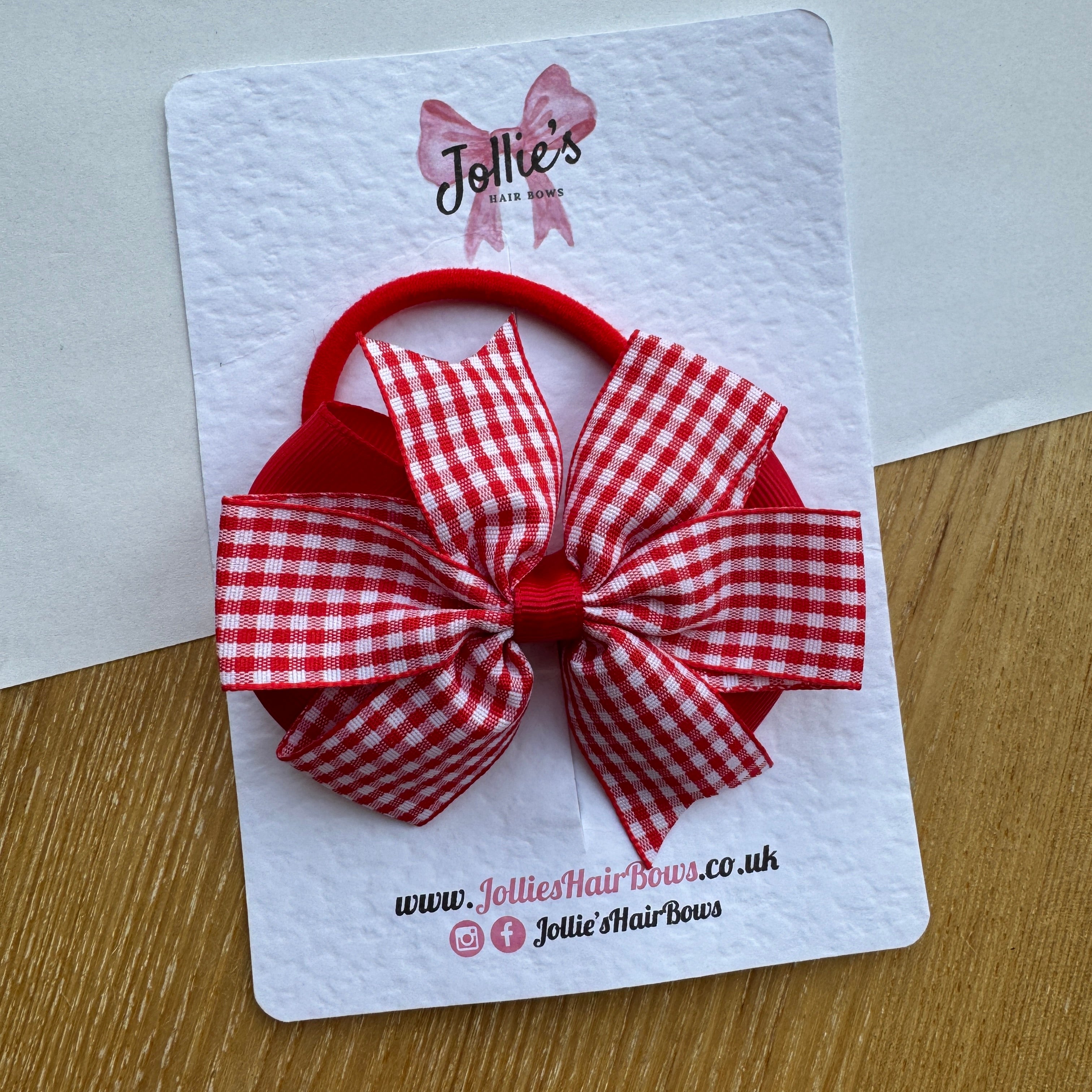 3.5" Red Gingham Flat Double Hair Bow – Grosgrain Ribbon with Thick Elastic Bobble