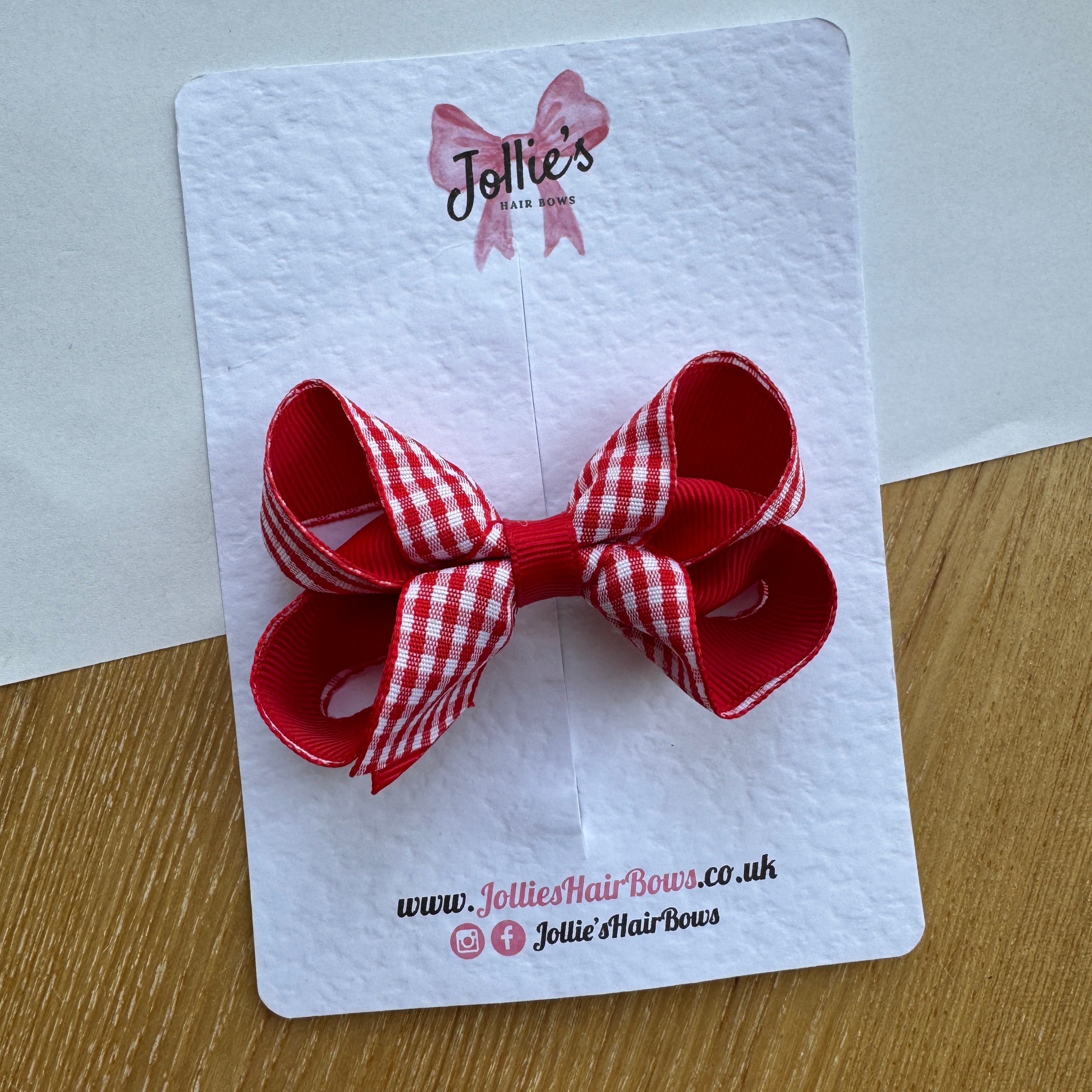 3" Red Gingham Bow with Clip – Grosgrain Ribbon Hair Bow for Girls