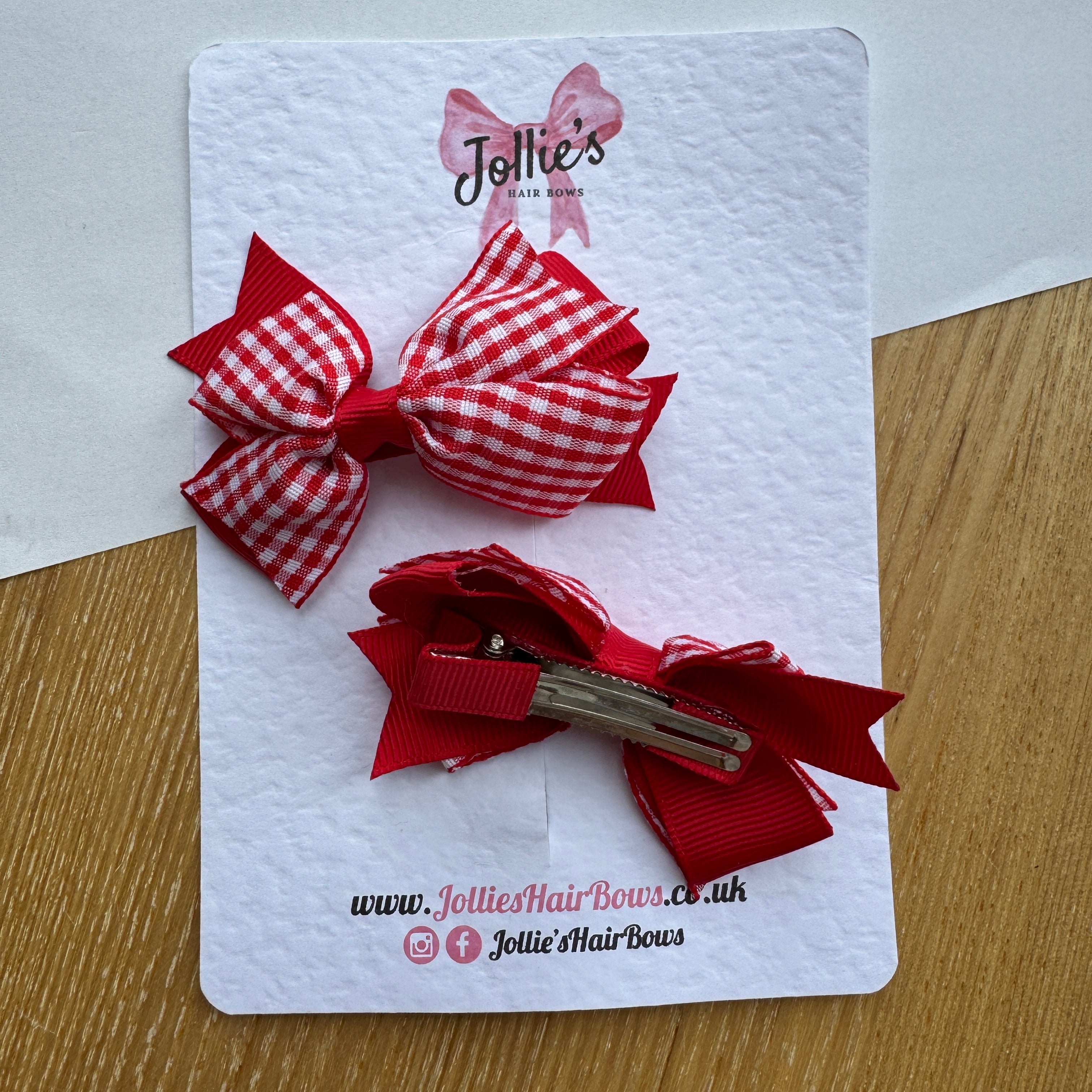 3" Double Layer Bow with Clip (Pair) – Red Gingham