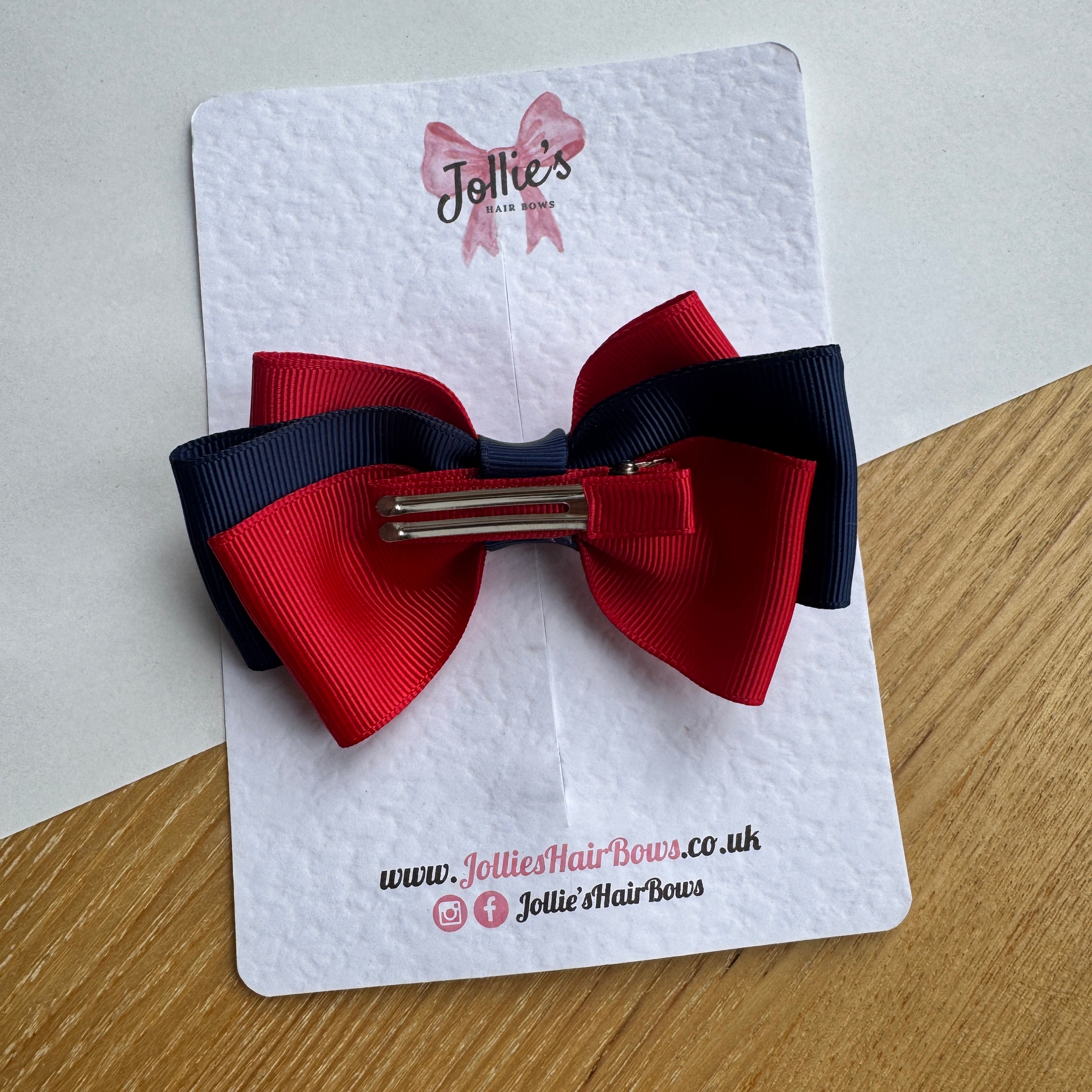 3.5" Red & Navy Double Layer Hair Bow – Grosgrain Ribbon Clip with Teeth