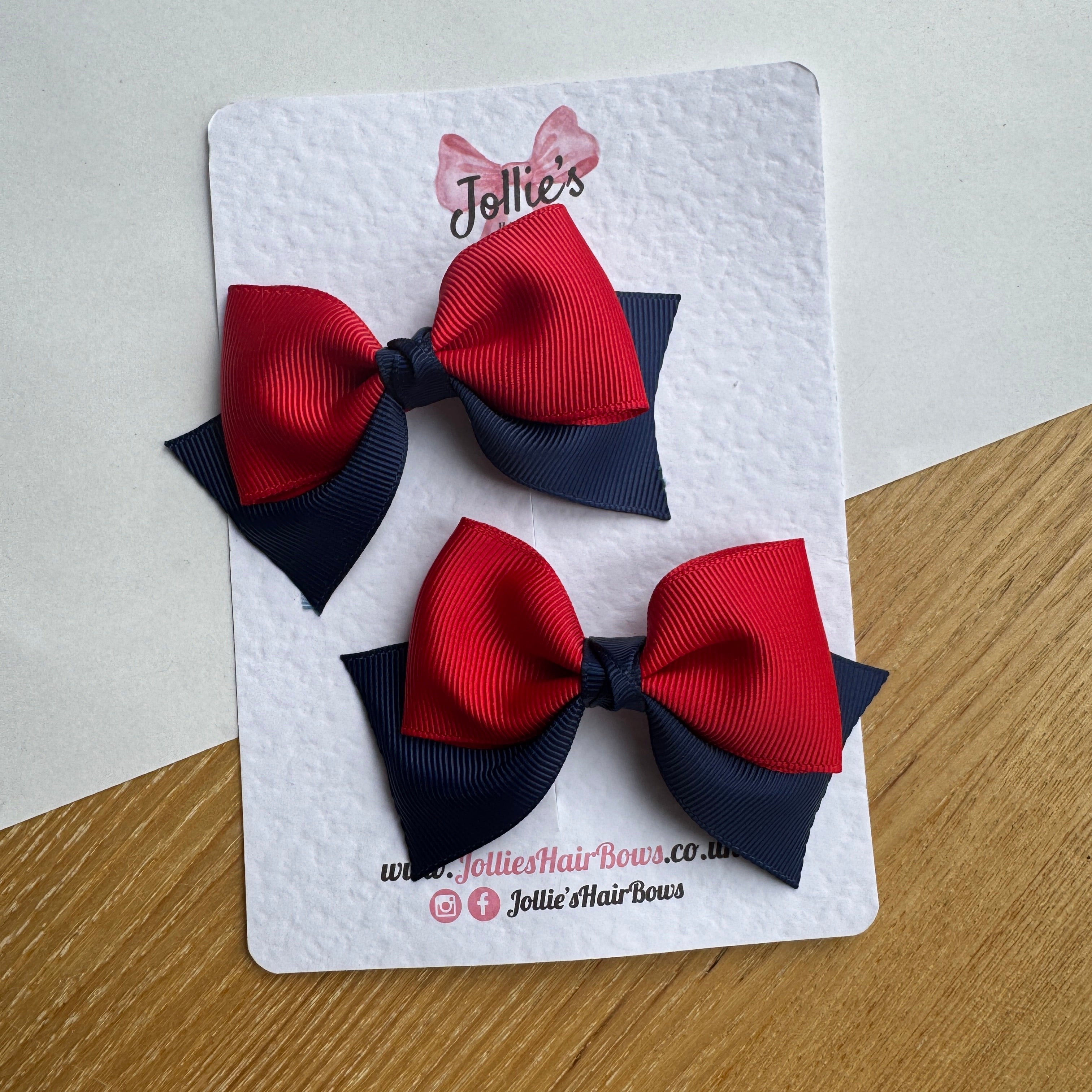 3" Red & Navy Layered Pointed-Tail Hair Bow Pair – Grosgrain Ribbon Clips with Teeth